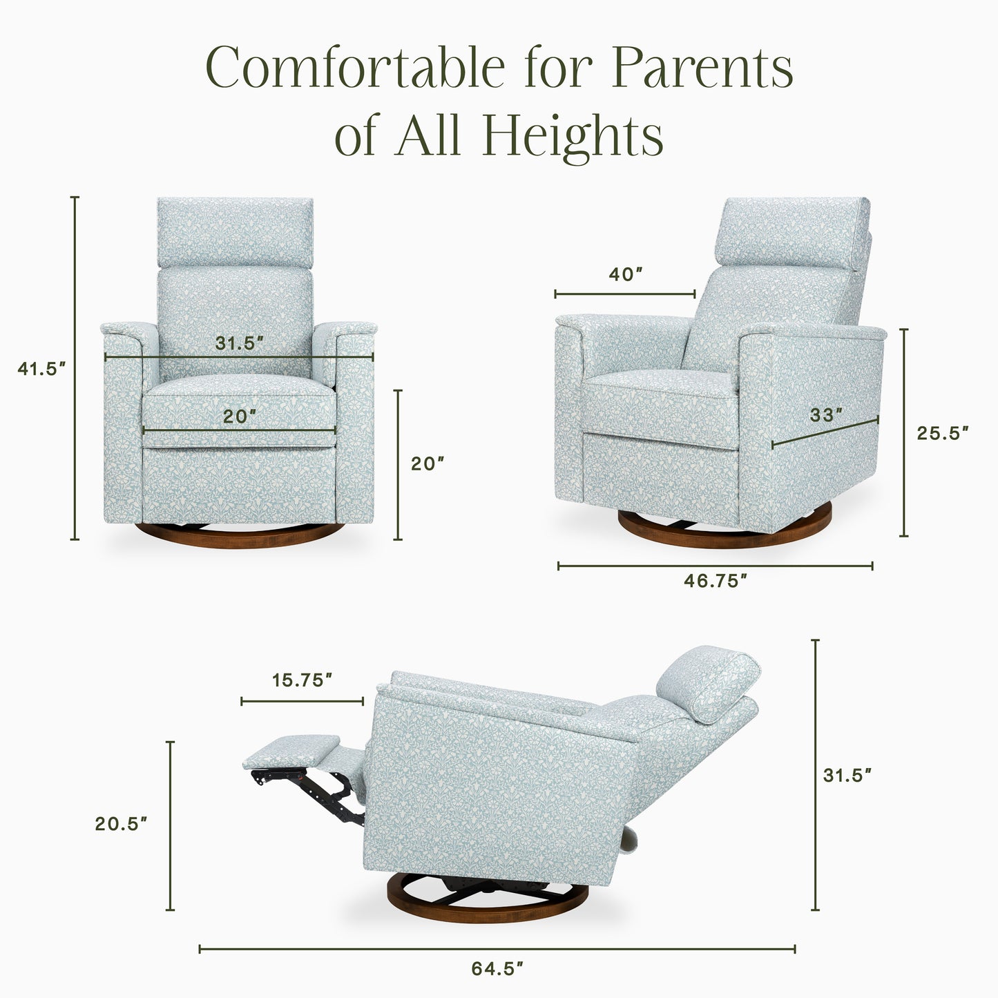 M17186BPBDB,Namesake,Willa Plus Power Glider Recliner w/ Power Headrest in Bellflowers in Powdered Blue w/ Dark Wood Base