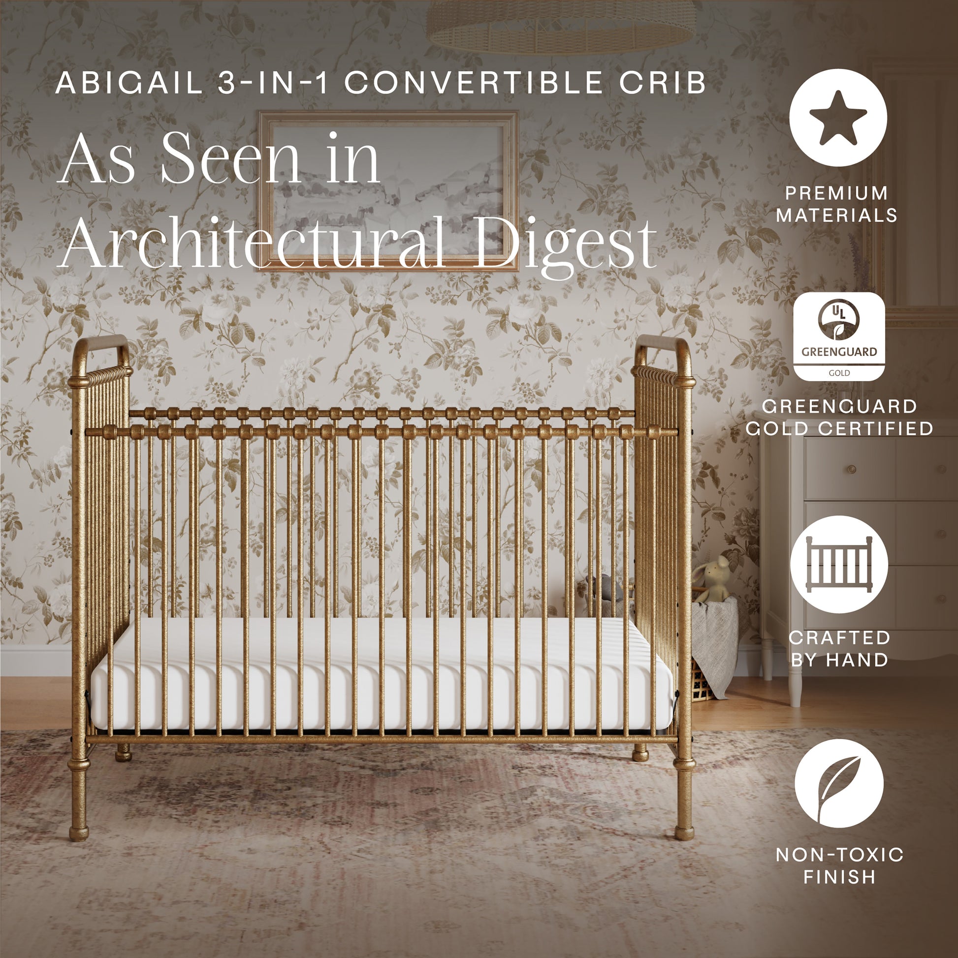 M15501VG,Namesake,Abigail 3-in-1 Convertible Crib in Vintage Gold