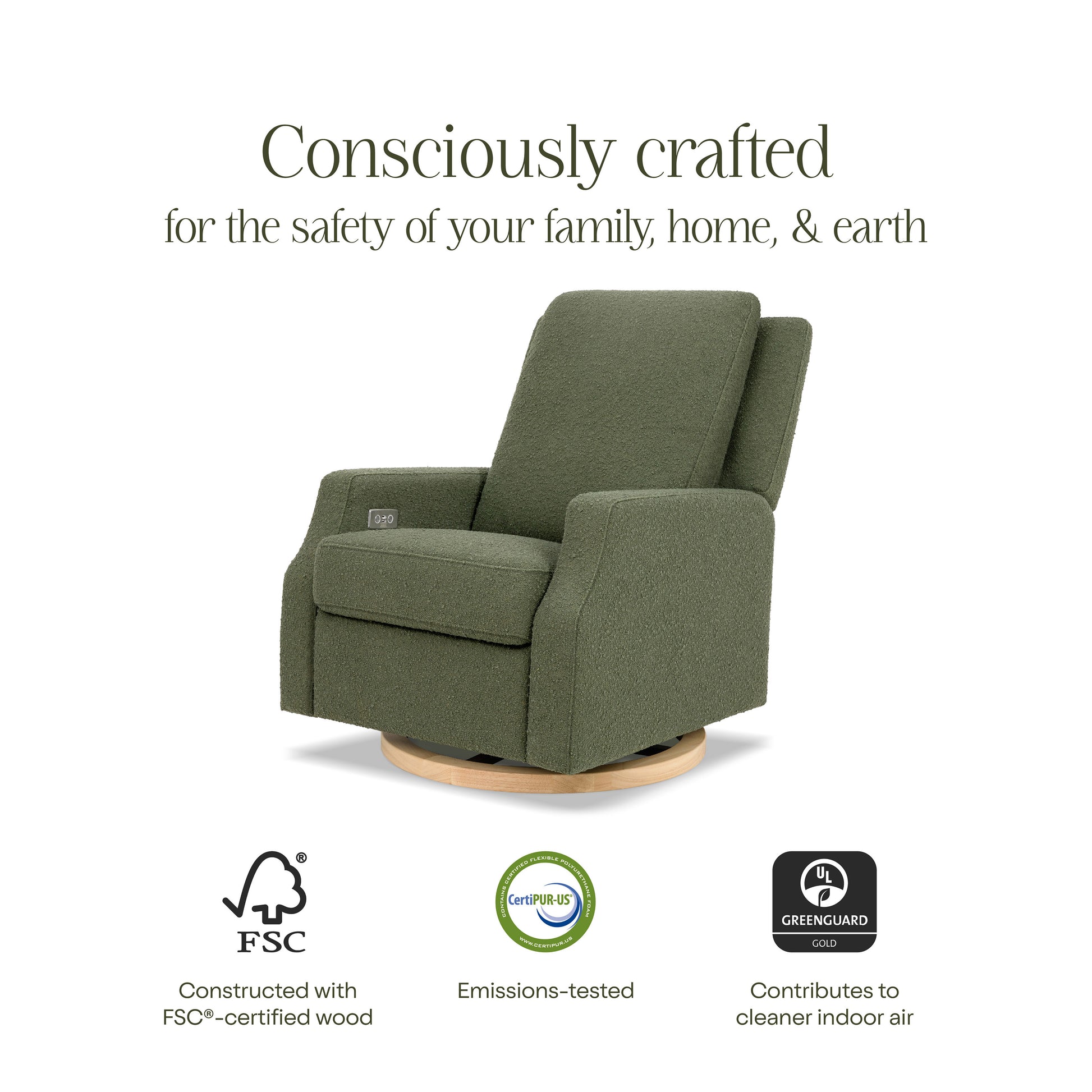 M22286OBLB,Namesake,Crewe Electronic Swivel Glider Recliner in Olive Boucle w/Light Wood Base