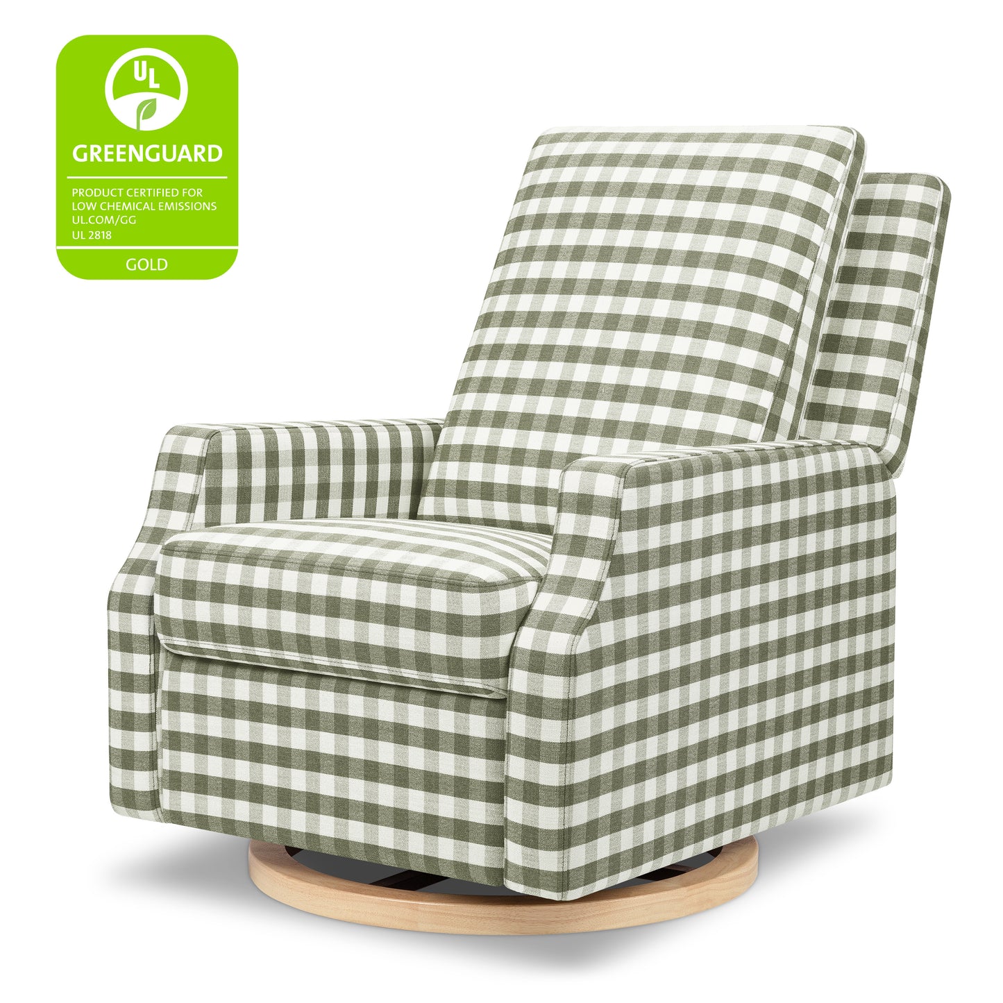 M22287GGHLB,Namesake,Crewe Recliner and Swivel Glider in Moss Green Gingham with Light Wood Base