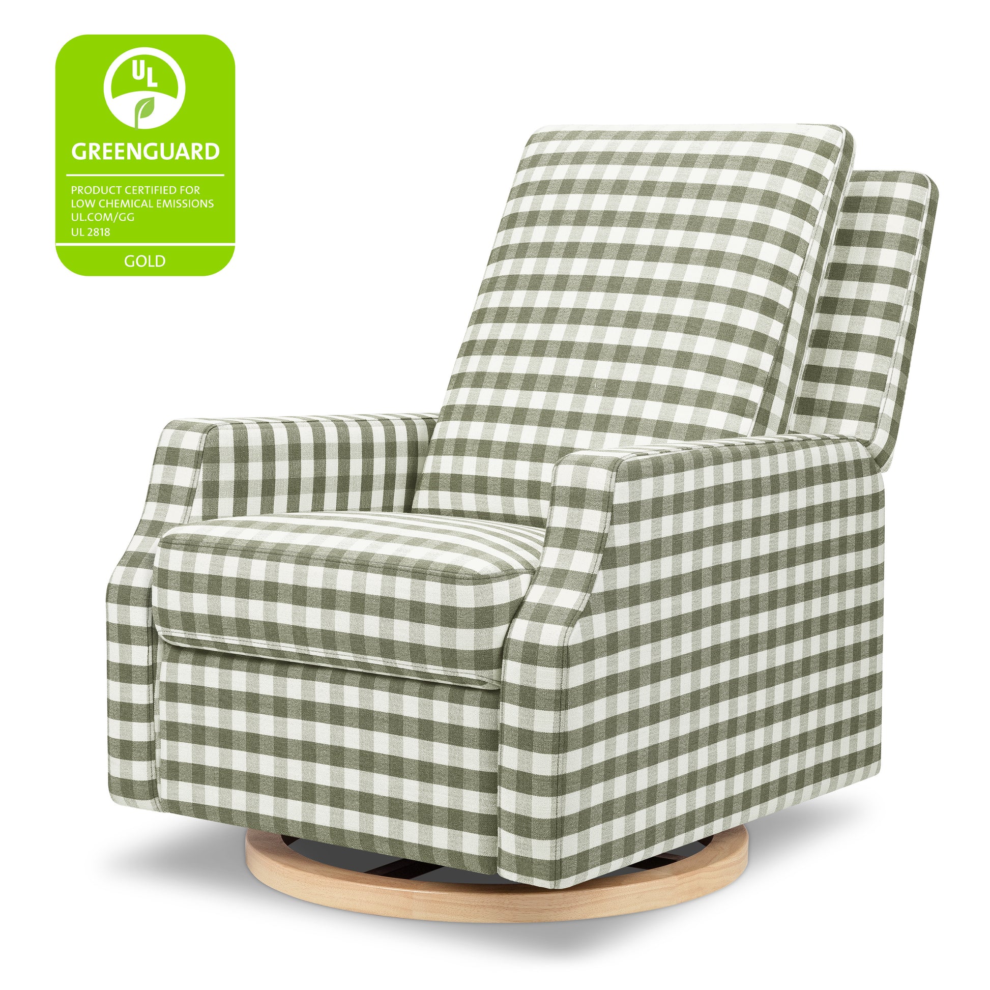 M22287GGHLB,Namesake,Crewe Recliner and Swivel Glider in Moss Green Gingham with Light Wood Base