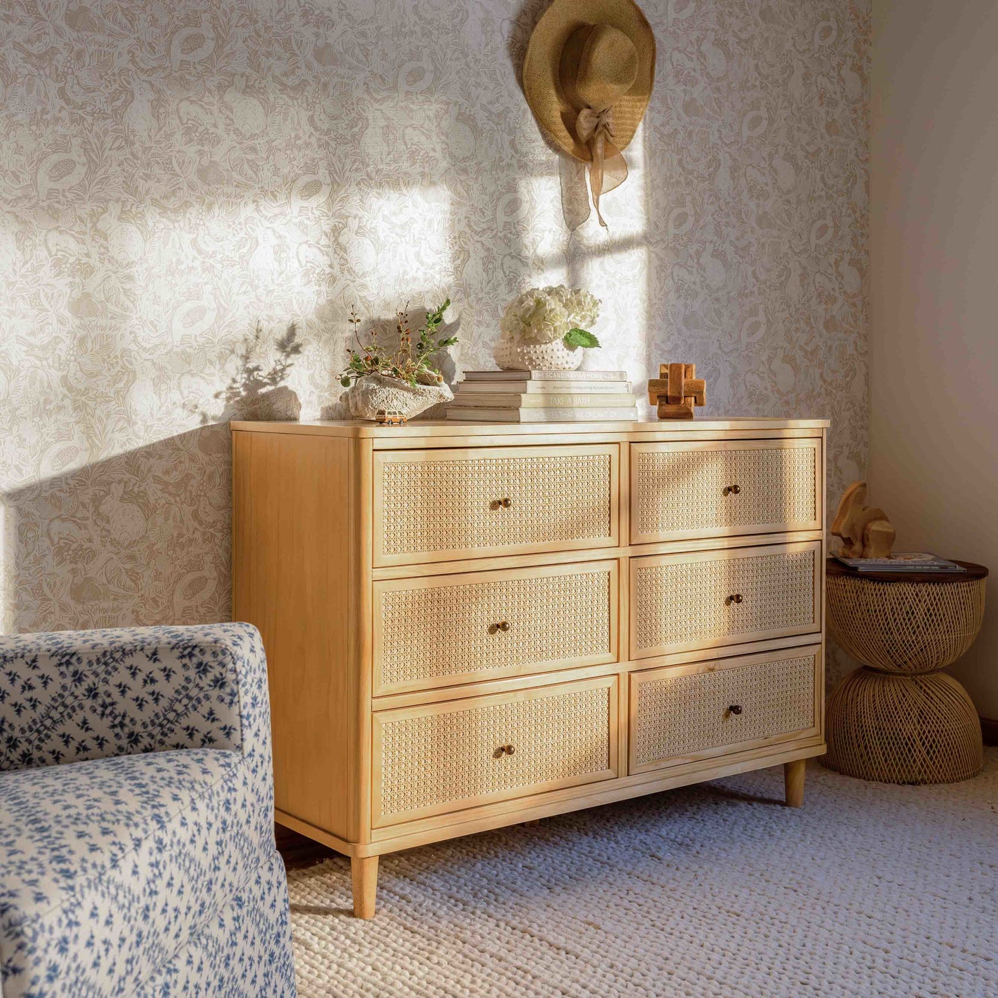 M23716HYHC,Namesake,Marin with Cane 6 Drawer Assembled Dresser in Honey and Honey Cane