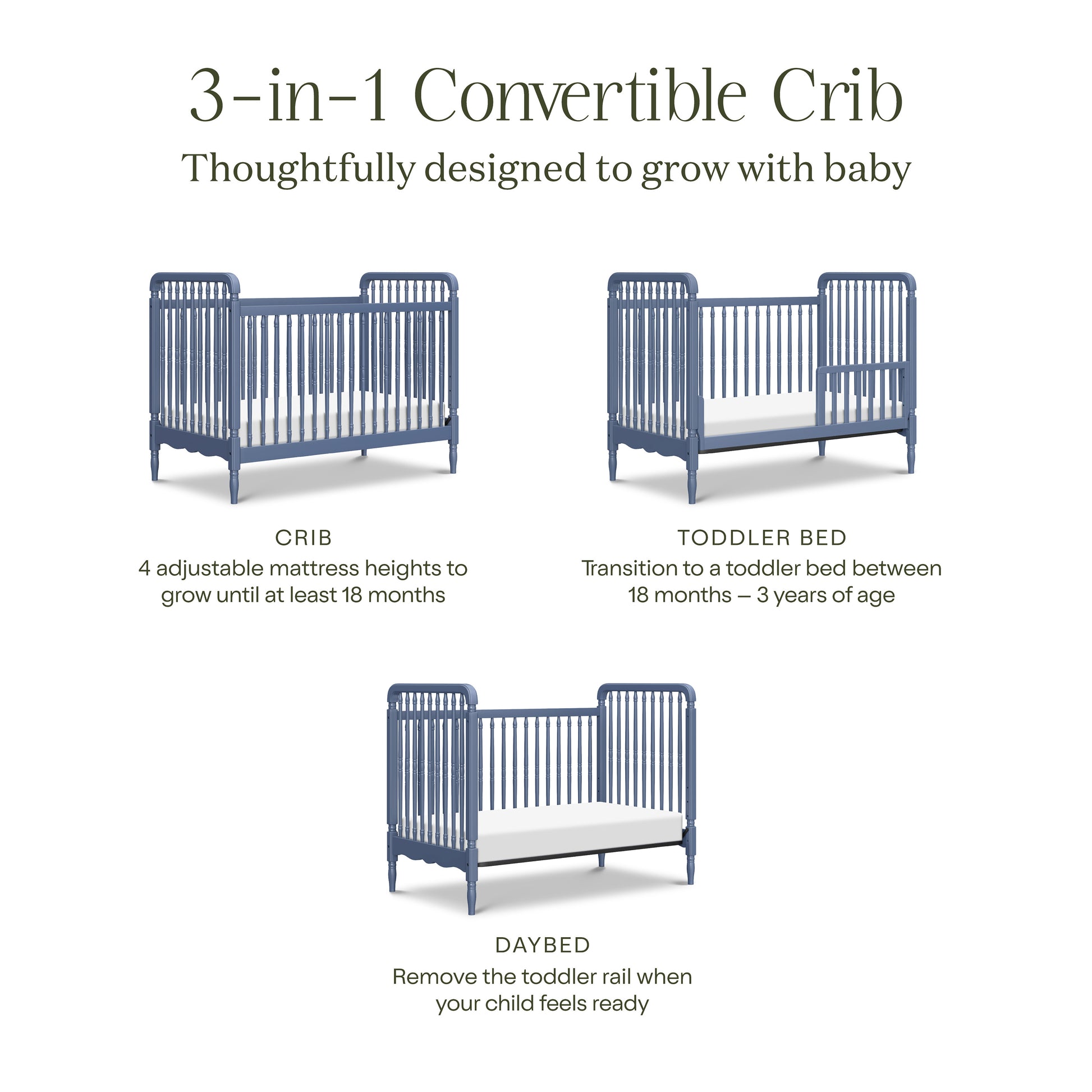 M7101CVB,Namesake,Liberty 3-in-1 Convertible Spindle Crib w/Toddler Bed Conversion Kit in Cove Blue