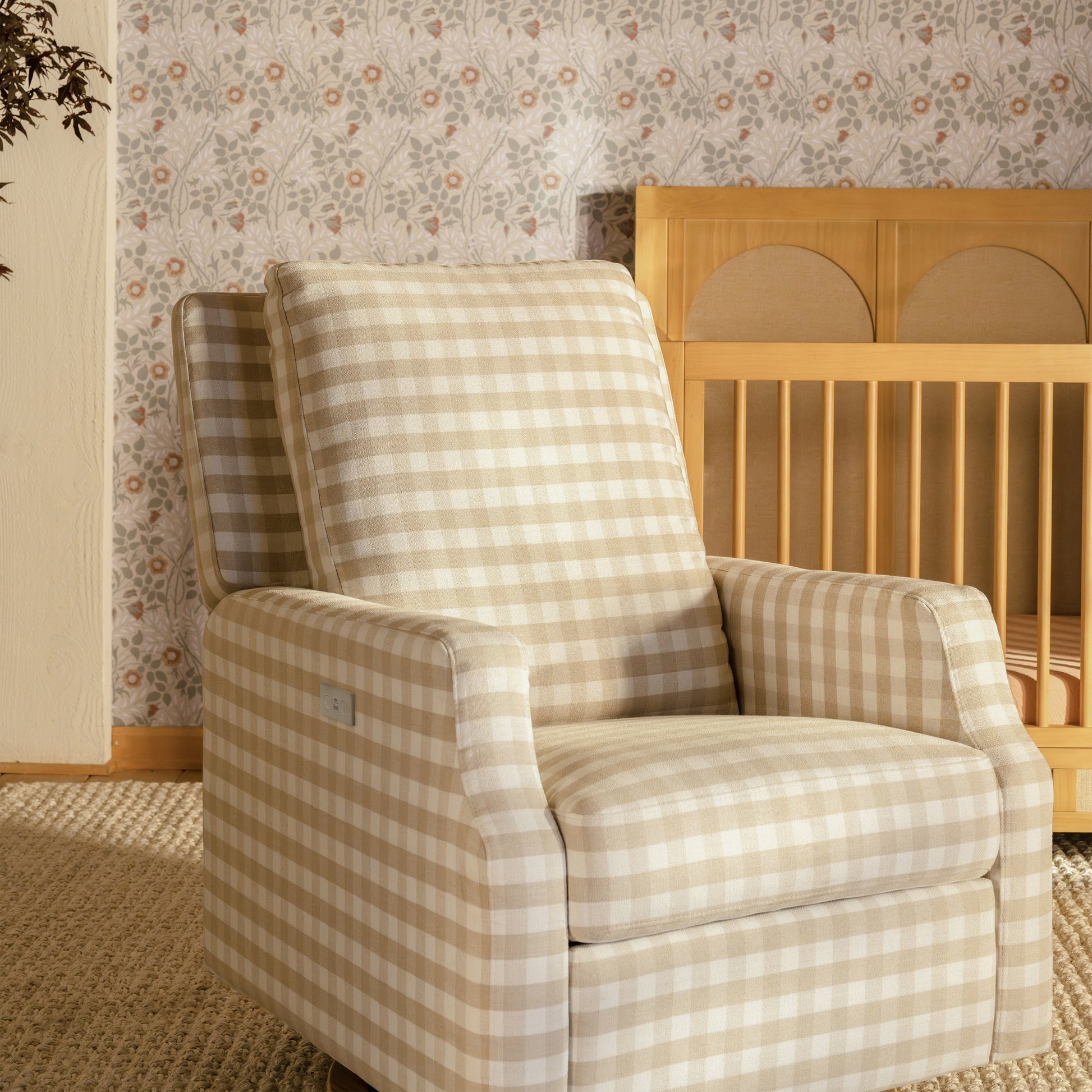 M22286TGHLB,Namesake,Crewe Electronic Swivel Glider Recliner in Tan Gingham with Light Wood Base