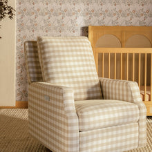M22286TGHLB,Namesake,Crewe Electronic Swivel Glider Recliner in Tan Gingham with Light Wood Base