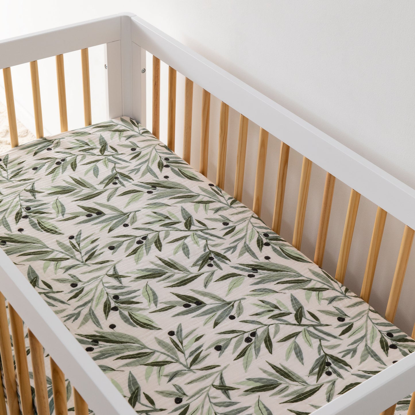 T28235,Olive Branches Muslin Crib Sheet in GOTS Certified Organic Cotton