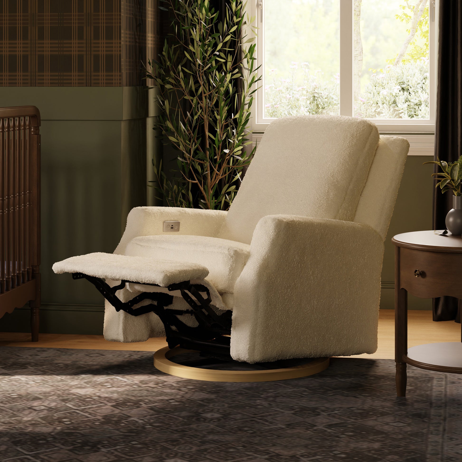 M22286WBLB,Namesake,Crewe Electronic Swivel Glider Recliner in Ivory Boucle w/Light Wood Base