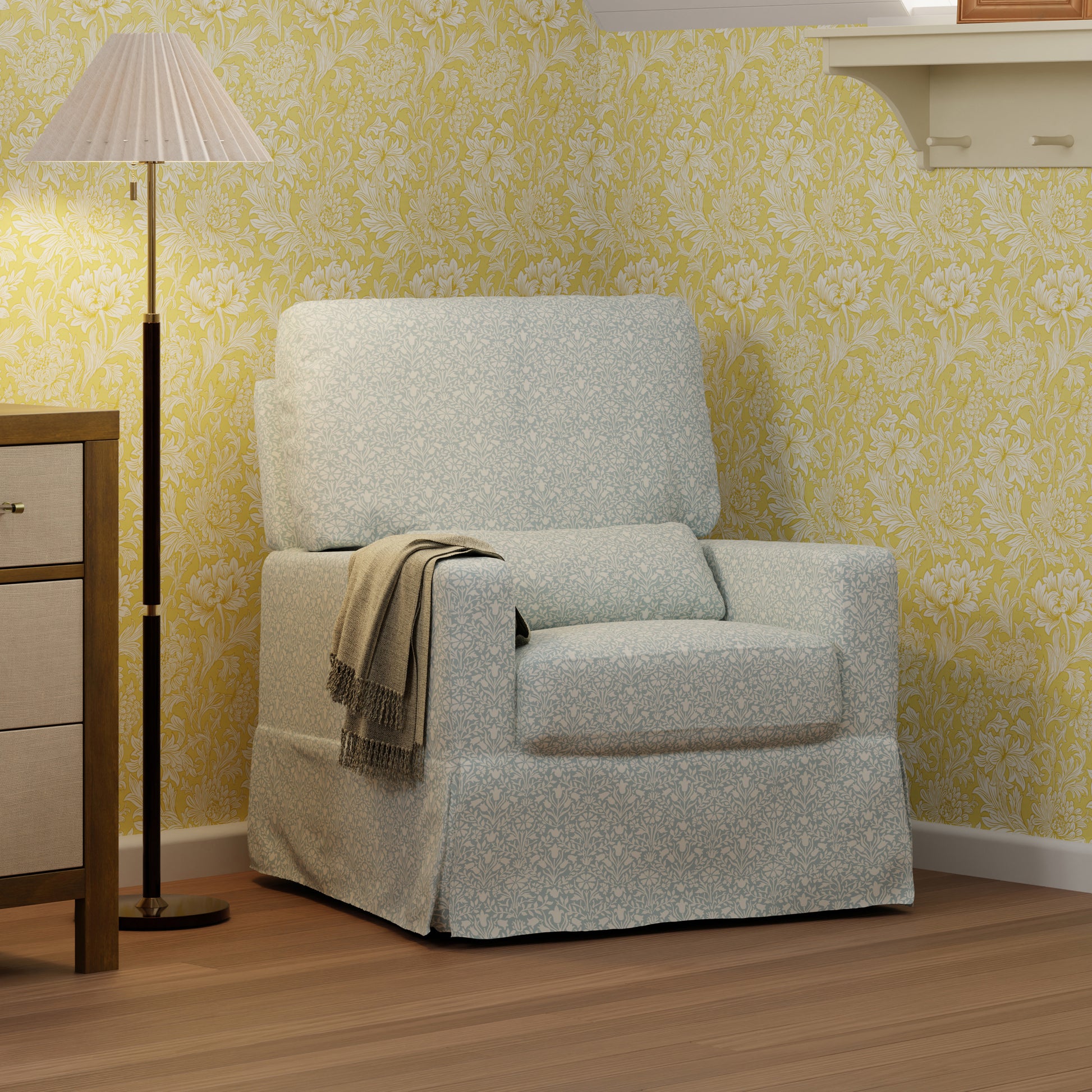 M21787BPB,Namesake,Crawford Pillowback Comfort Swivel Glider in Bellflowers in Powdered Blue