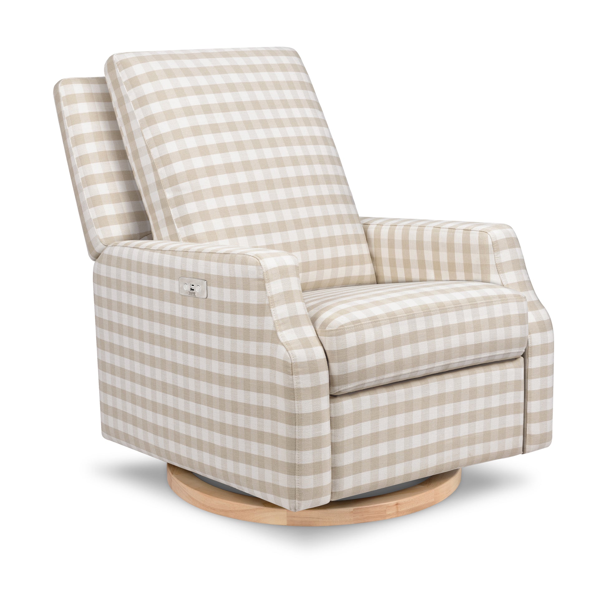 M22286TGHLB,Namesake,Crewe Electronic Swivel Glider Recliner in Tan Gingham with Light Wood Base