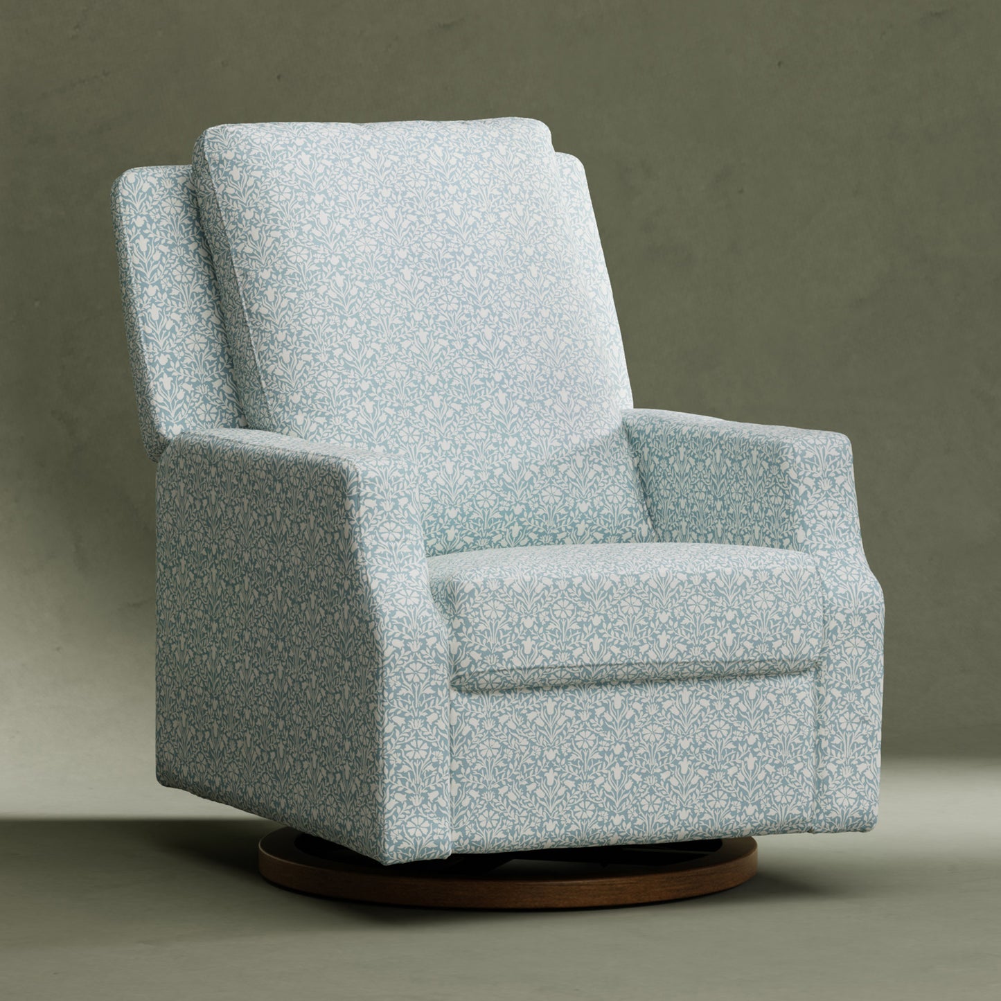 M22287BPBDB,Namesake,Crewe Recliner and Swivel Glider in Bellflowers in Powdered Blue w/Dark Wood Base