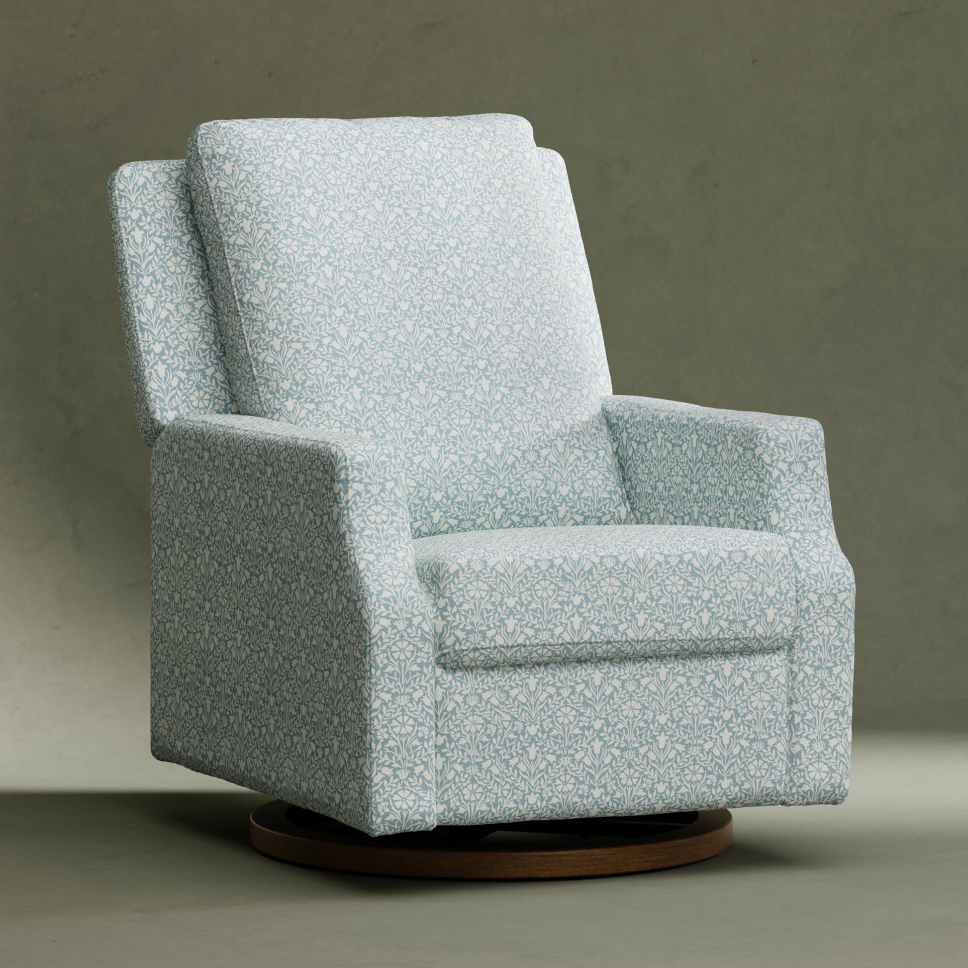 M22287BPBDB,Namesake,Crewe Recliner and Swivel Glider in Bellflowers in Powdered Blue w/Dark Wood Base