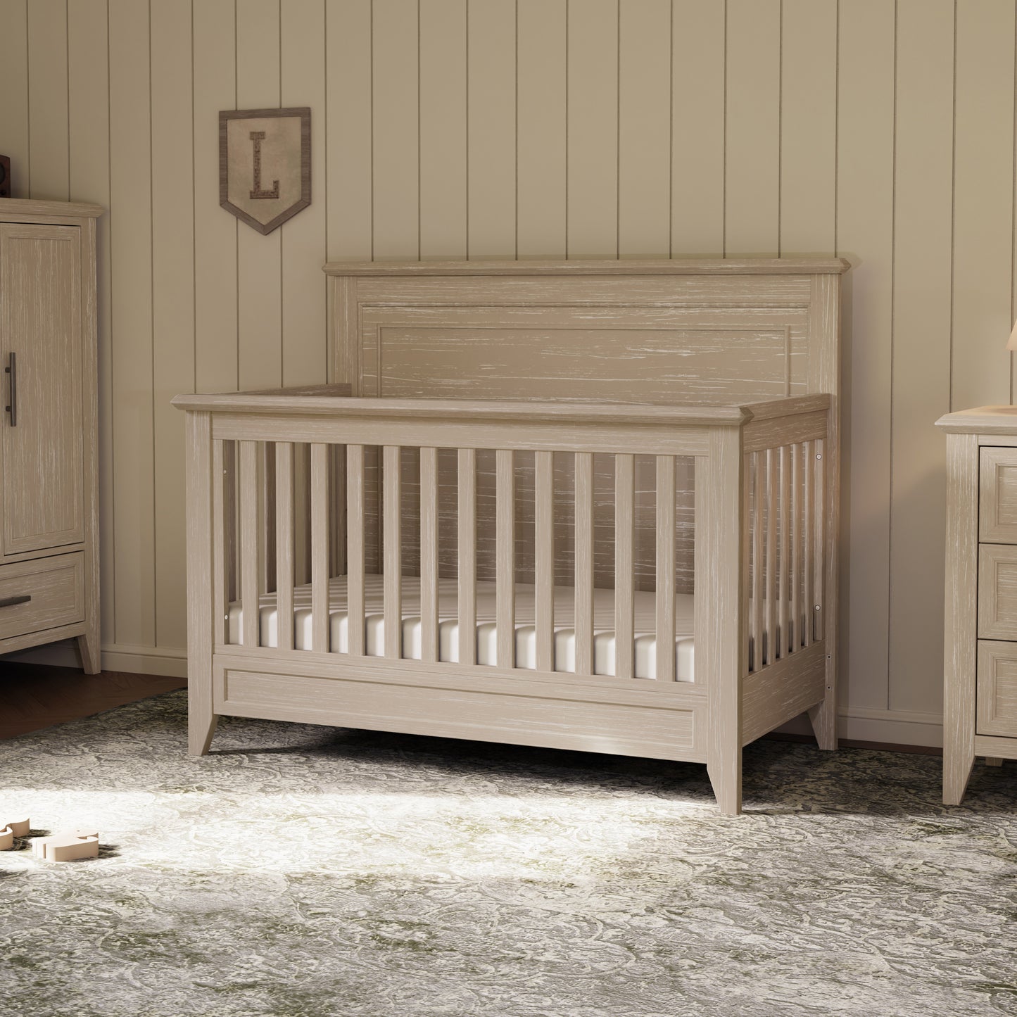 M24401SDB,Monogram by Namesake,Beckett Rustic 4-in-1 Convertible Flat Top Crib in Sandbar