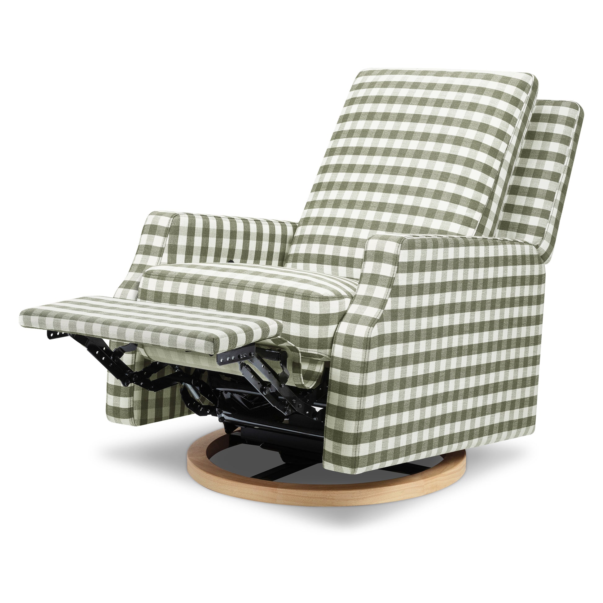 M22287GGHLB,Namesake,Crewe Recliner and Swivel Glider in Moss Green Gingham with Light Wood Base