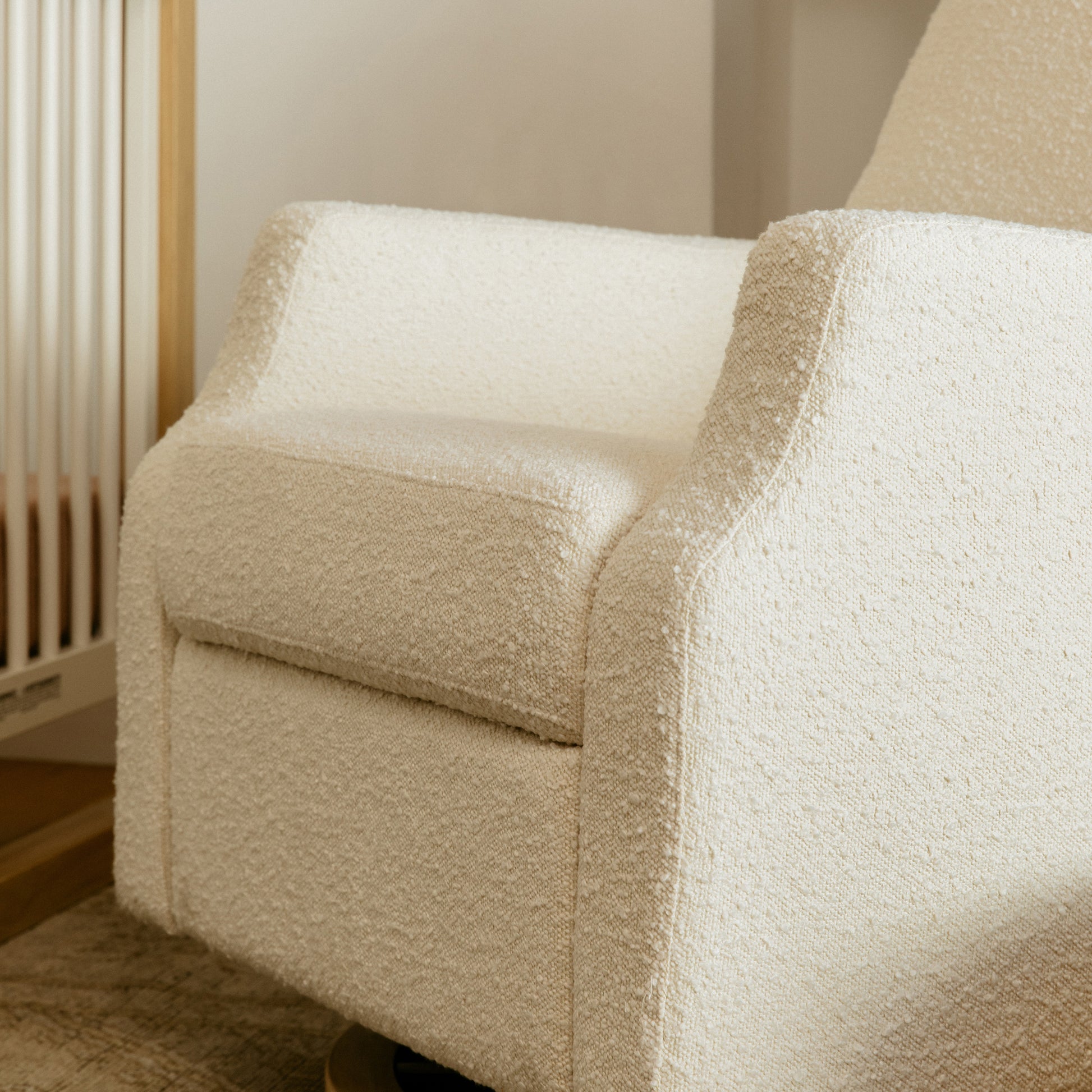 M22287WBLB,Namesake,Crewe Recliner and Swivel Glider in Ivory Boucle w/Light Wood Base