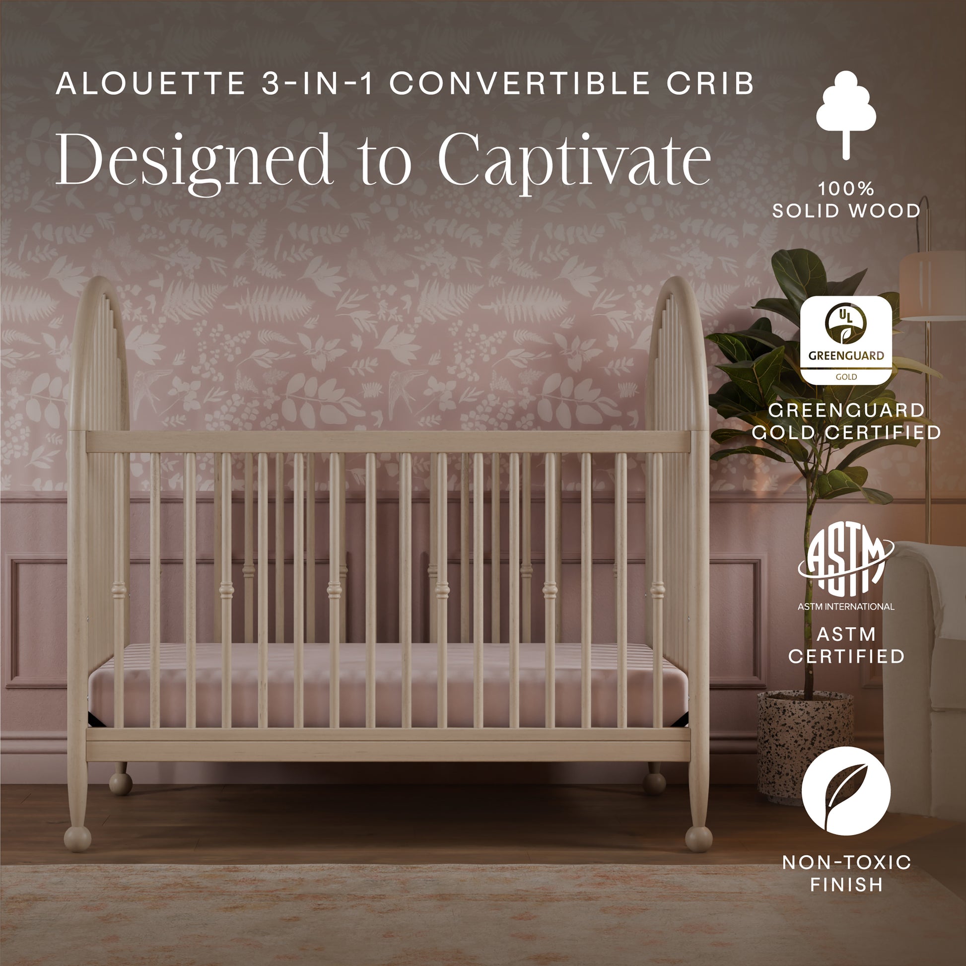 M31401WP,Namesake,Alouette 3-in-1 Convertible Spindle Crib in Washed Pine