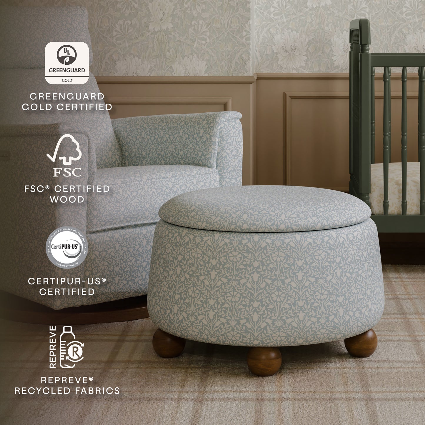M30985BPBDF,Namesake,Tuffet Storage Ottoman Bellflowers in Powdered Blue w/DarkWood Ball Feet