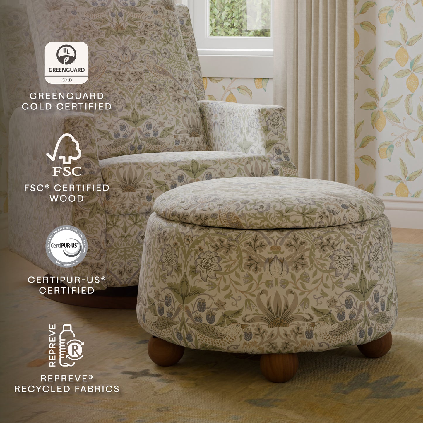 M30985TTFTDF,Namesake,Tuffet Storage Ottoman Strawberry Thief in Fig&Thyme w/DarkWood Ball Feet