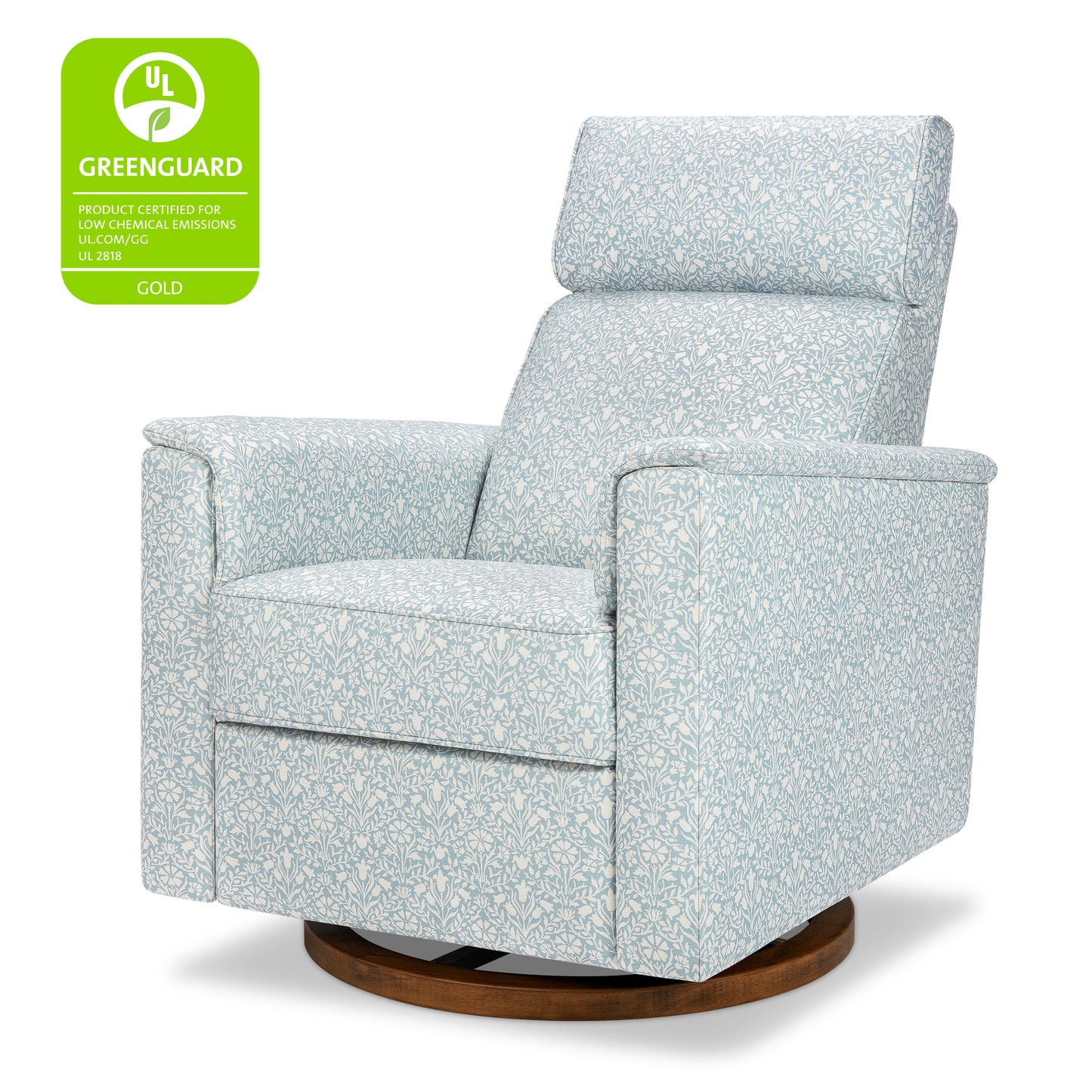 M17186BPBDB,Namesake,Willa Plus Power Glider Recliner w/ Power Headrest in Bellflowers in Powdered Blue w/ Dark Wood Base