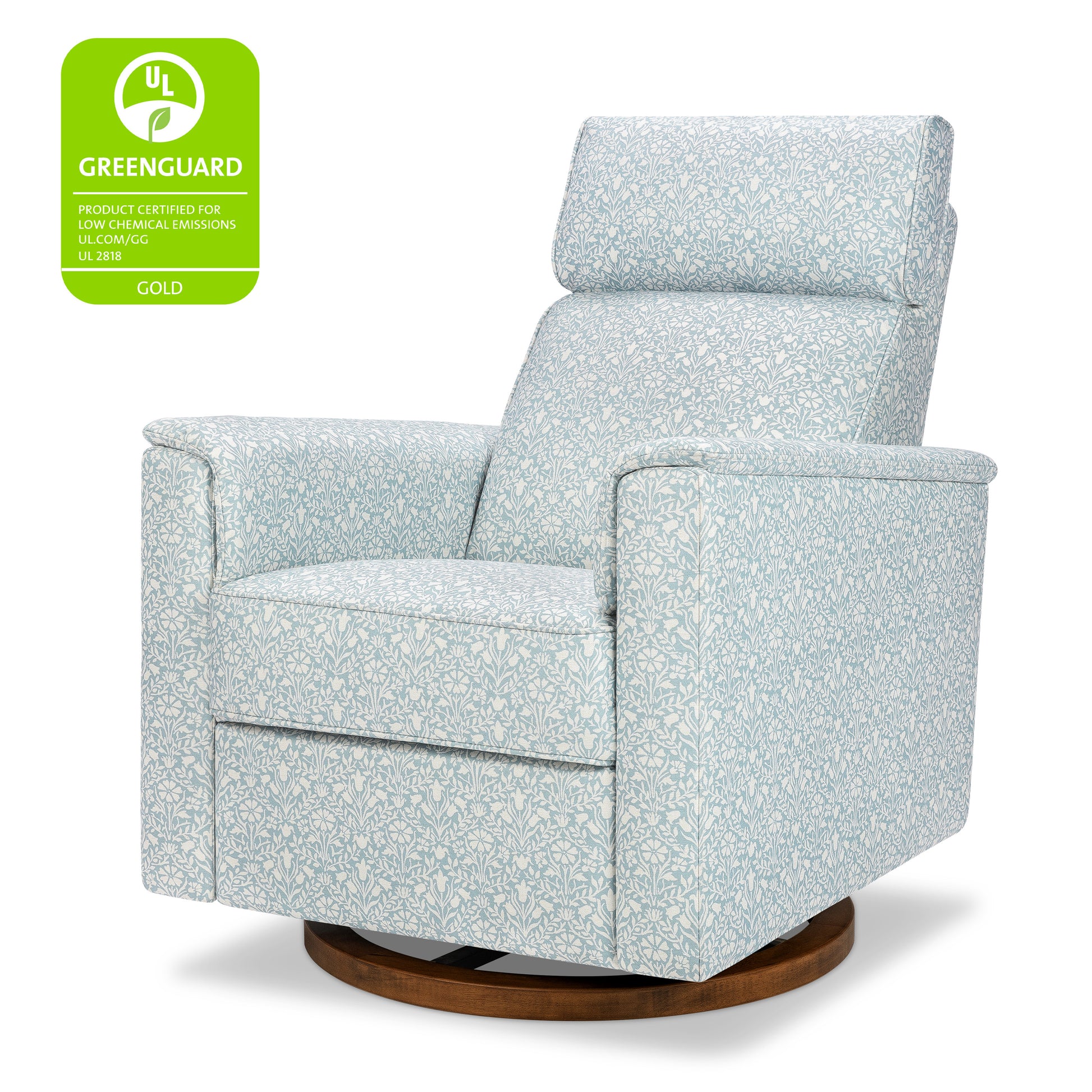 M17186BPBDB,Namesake,Willa Plus Power Glider Recliner w/ Power Headrest in Bellflowers in Powdered Blue w/ Dark Wood Base
