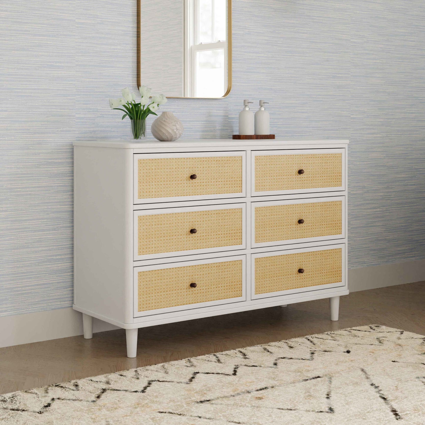 M23716RWHC,Namesake,Marin with Cane 6 Drawer Assembled Dresser in Warm White and Honey Cane