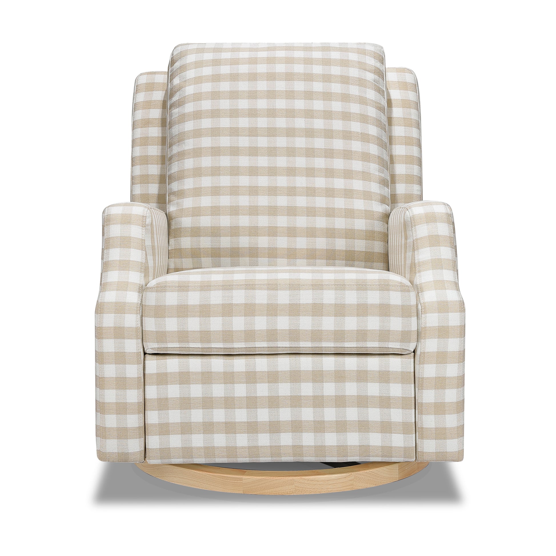 M22287TGHLB,Crewe Recliner and Swivel Glider in Tan Gingham with Light Wood Base