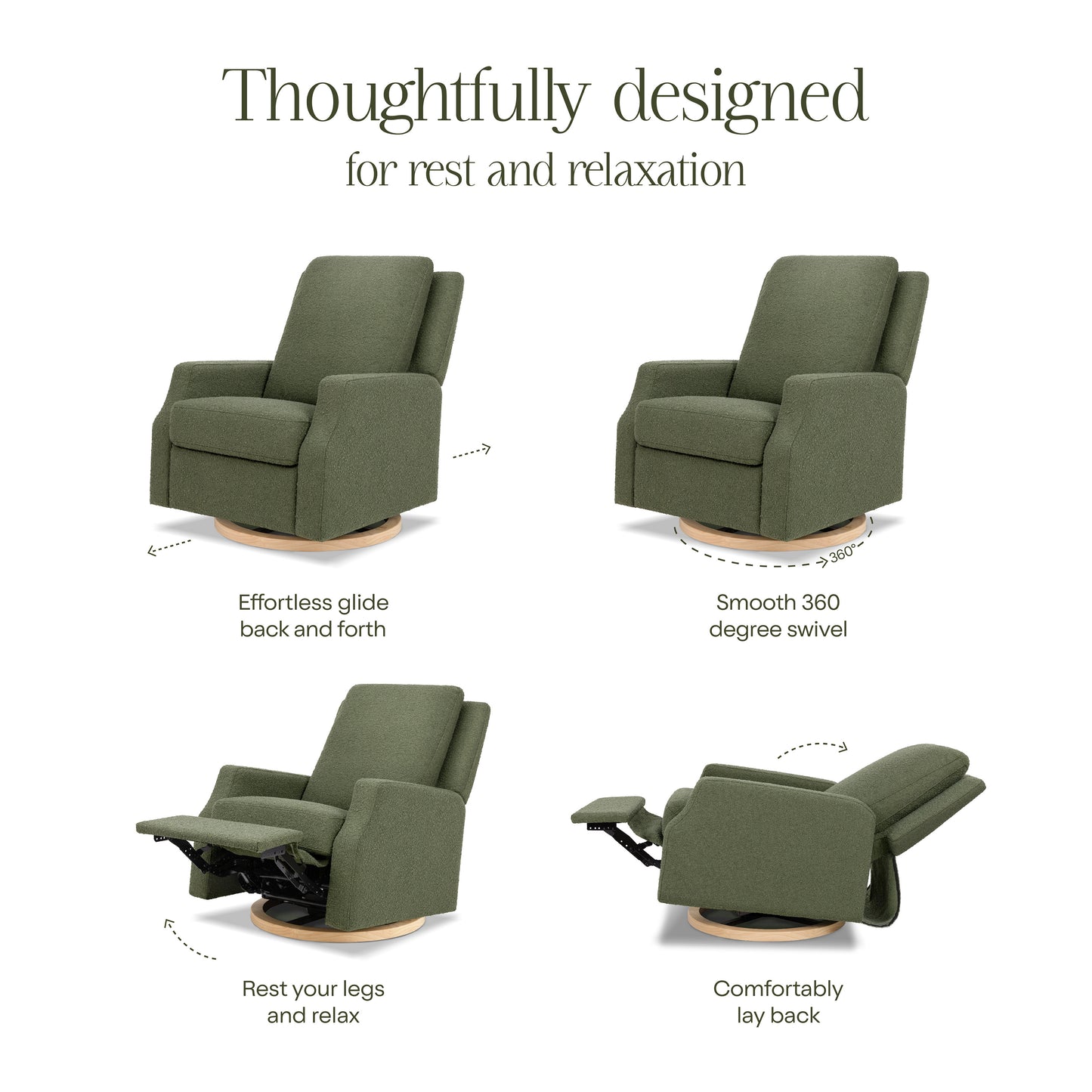 M22287OBLB,Namesake,Crewe Recliner and Swivel Glider in Olive Boucle w/Light Wood Base