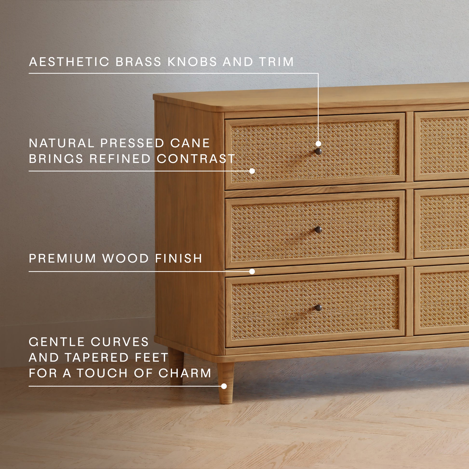 M23716HYHC,Namesake,Marin with Cane 6 Drawer Assembled Dresser in Honey and Honey Cane