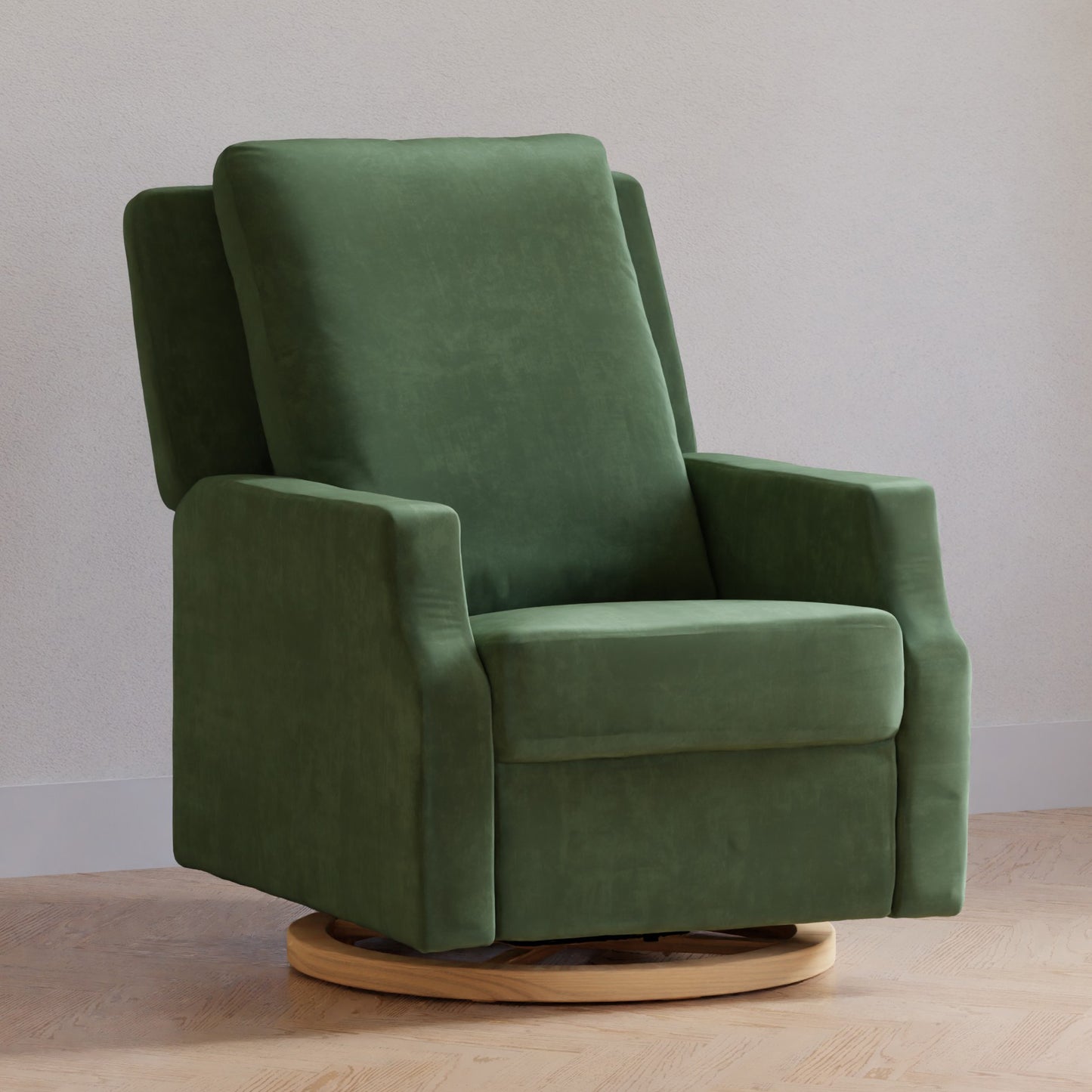 M22287FGVLB,Namesake,Crewe Recliner and Swivel Glider in Forest Green Velvet w/Light Wood Base