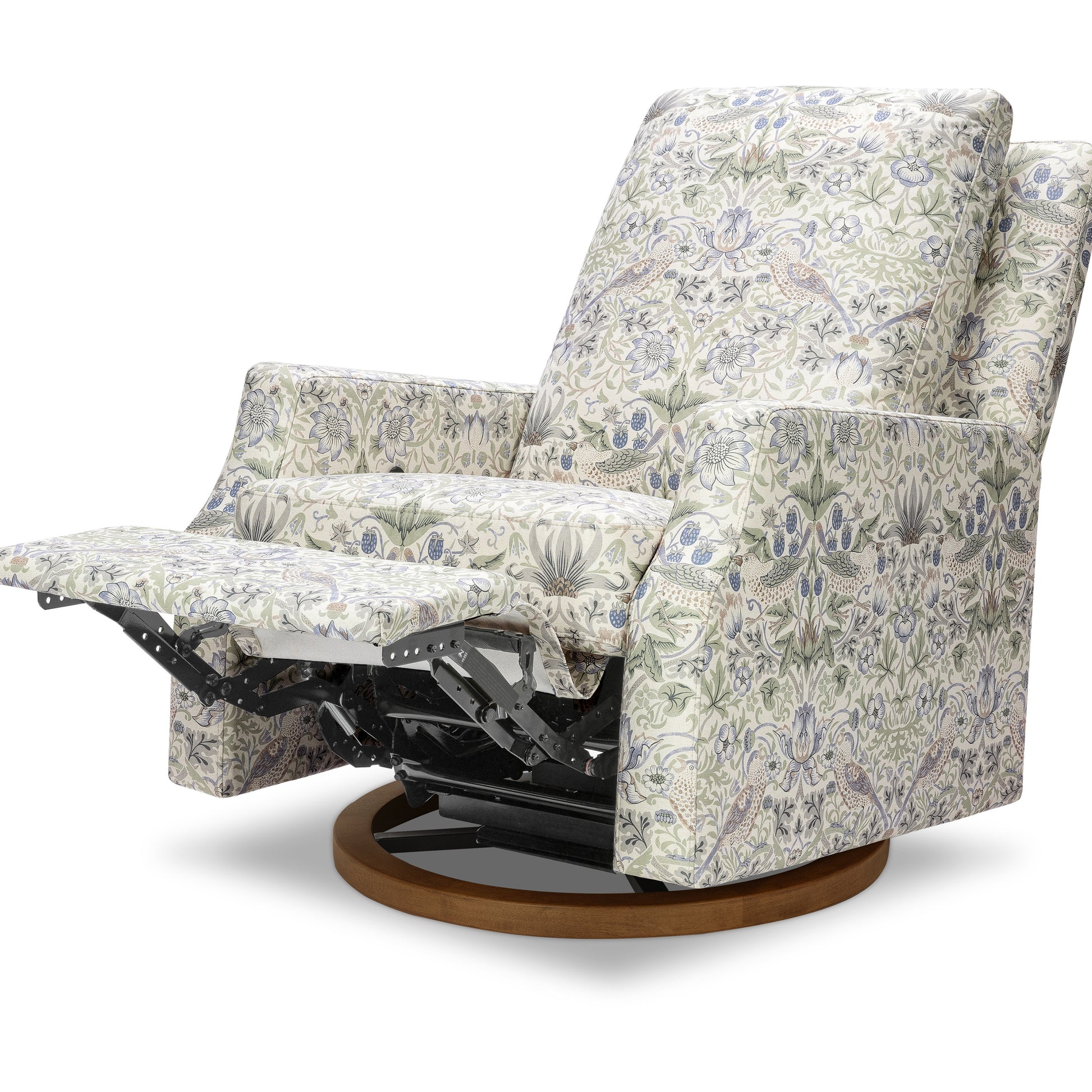 M22287TTFTDB,Namesake,Crewe Recliner and Swivel Glider in Strawberry Thief in Fig &Thyme w/Dark Wood Base