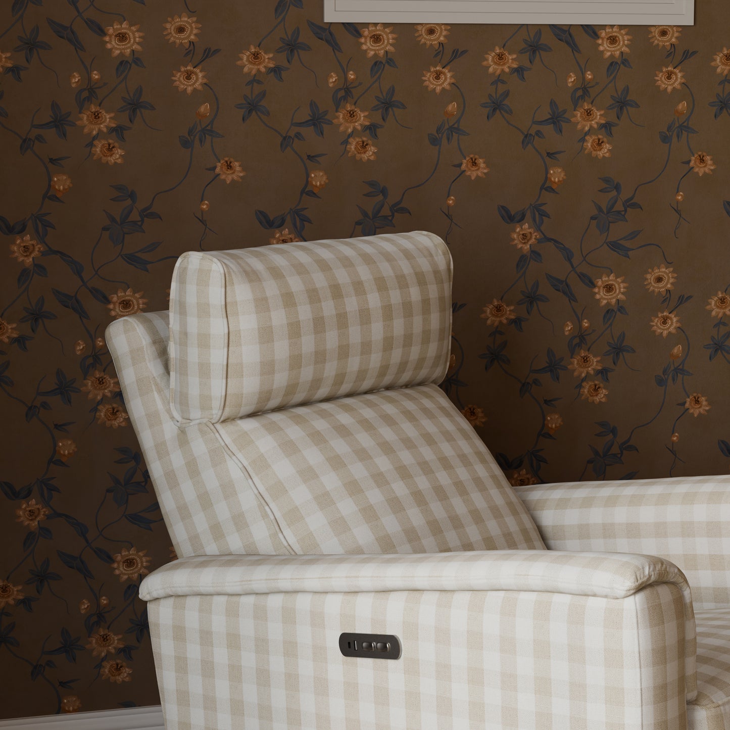 M17186TGH,Namesake,Willa Plus Power Glider Recliner w/ Power Headrest in Tan Gingham