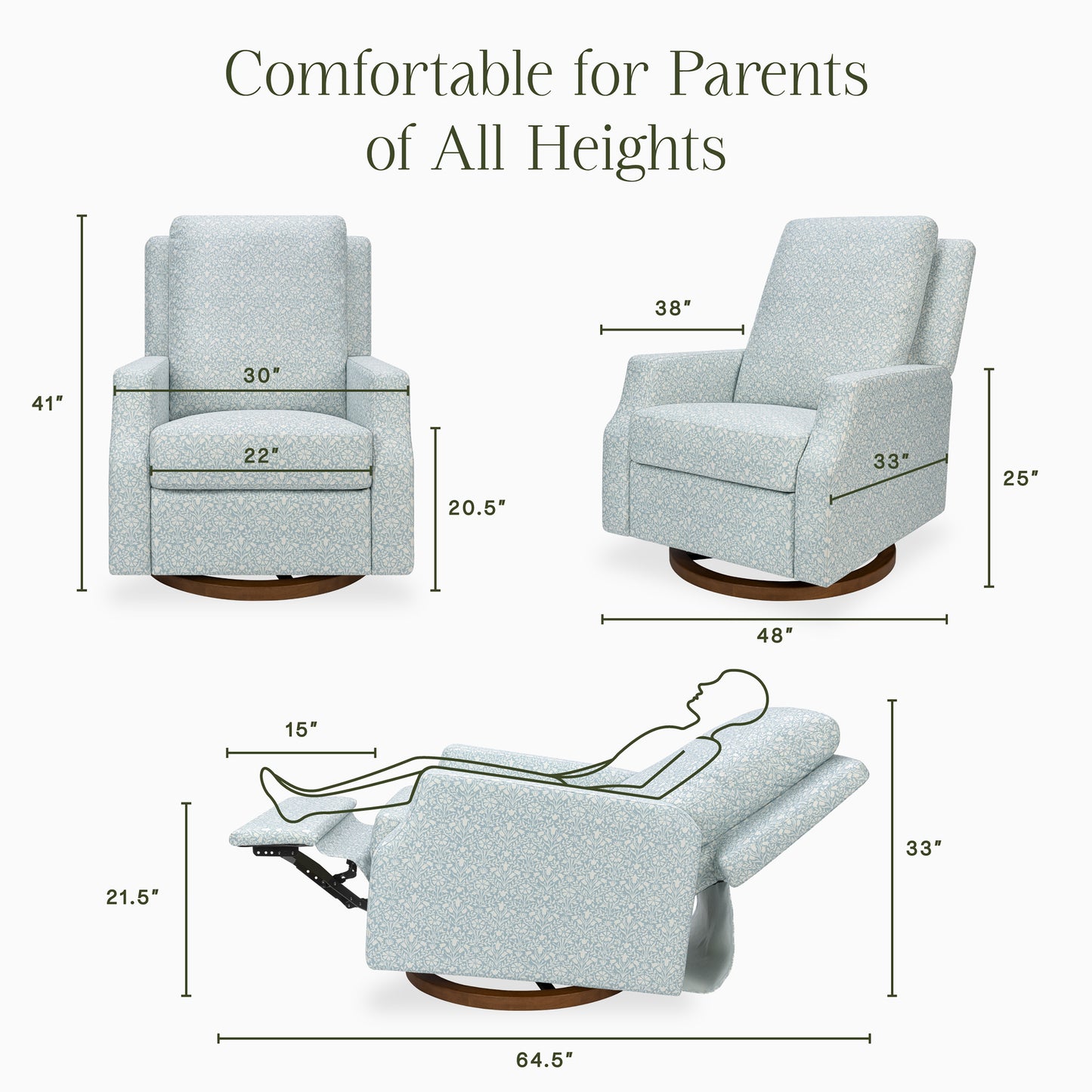 M22287BPBDB,Namesake,Crewe Recliner and Swivel Glider in Bellflowers in Powdered Blue w/Dark Wood Base