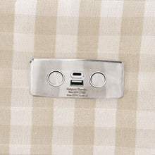 M22286TGHLB,Namesake,Crewe Electronic Swivel Glider Recliner in Tan Gingham with Light Wood Base