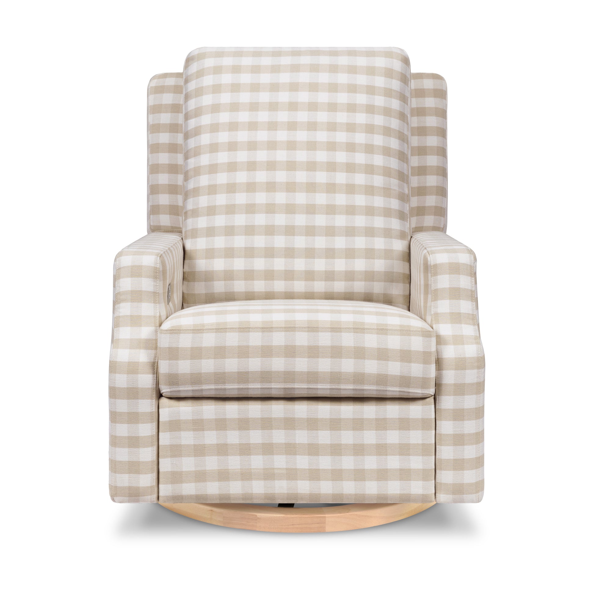 M22286TGHLB,Namesake,Crewe Electronic Swivel Glider Recliner in Tan Gingham with Light Wood Base