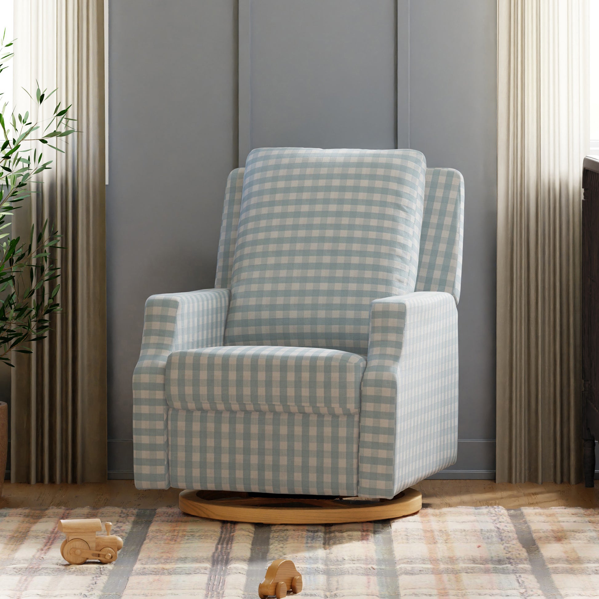 M22286BGHLB,Namesake,Crewe Electronic Swivel Glider Recliner in Blue Gingham with Light Wood Base