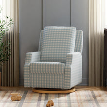 M22286BGHLB,Namesake,Crewe Electronic Swivel Glider Recliner in Blue Gingham with Light Wood Base