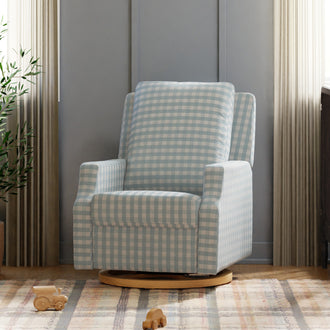 M22286BGHLB,Namesake,Crewe Electronic Swivel Glider Recliner in Blue Gingham with Light Wood Base
