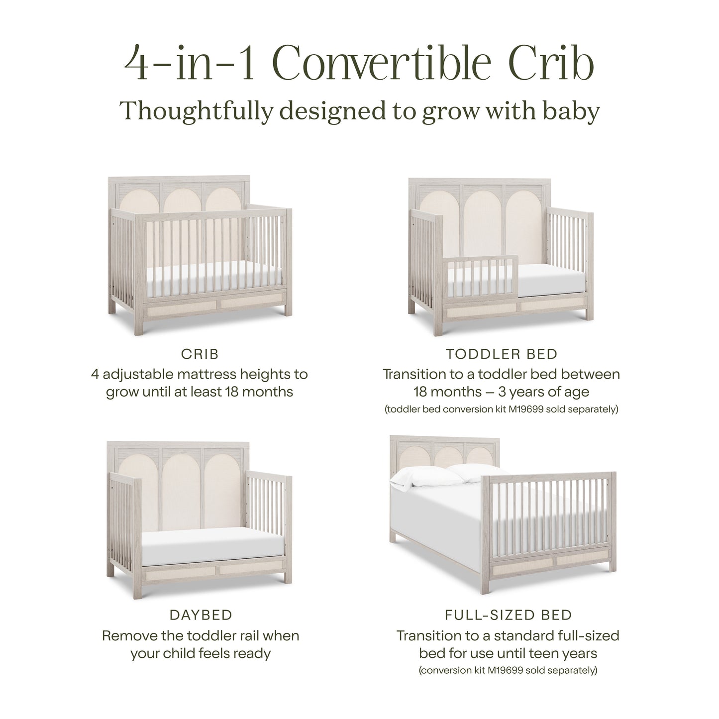 M24801WDFPEW,Namesake,Eloise 4-in-1 Convertible Crib in White Driftwood and Performance Pearl Eco-Weave