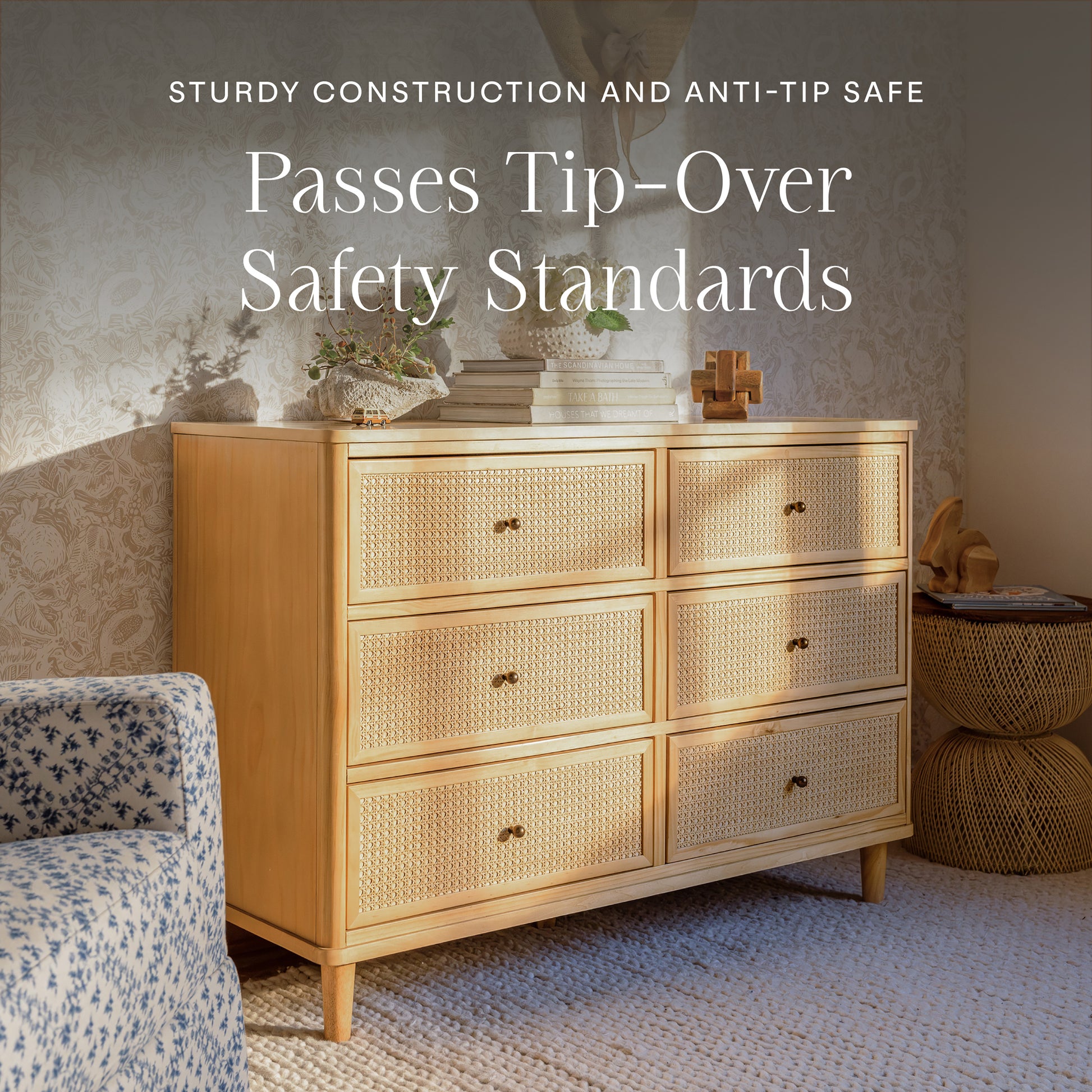 M23716HYHC,Namesake,Marin with Cane 6 Drawer Assembled Dresser in Honey and Honey Cane