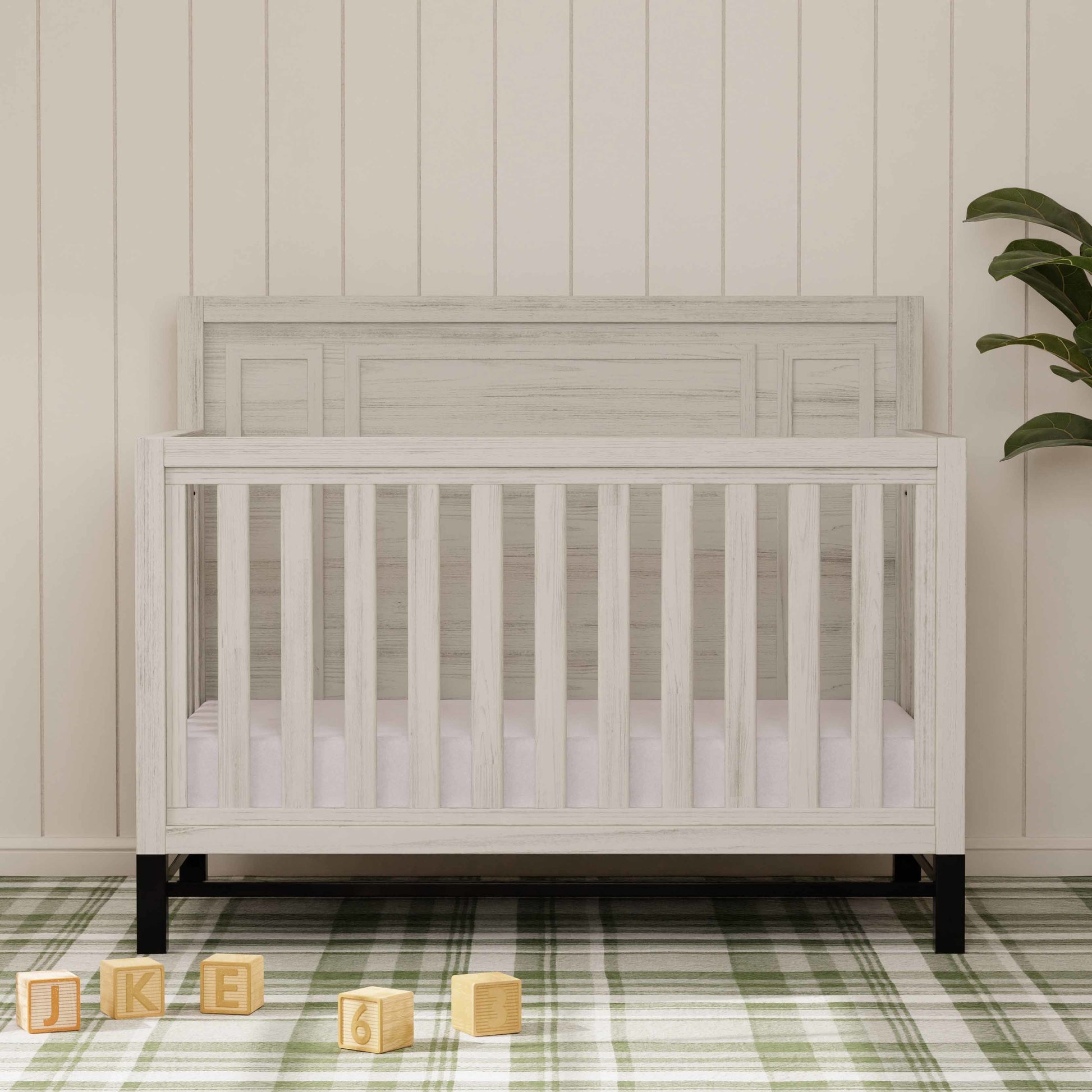 B25801WDF,Monogram by Namesake,Newbern 4-in-1 Convertible Crib in White Driftwood