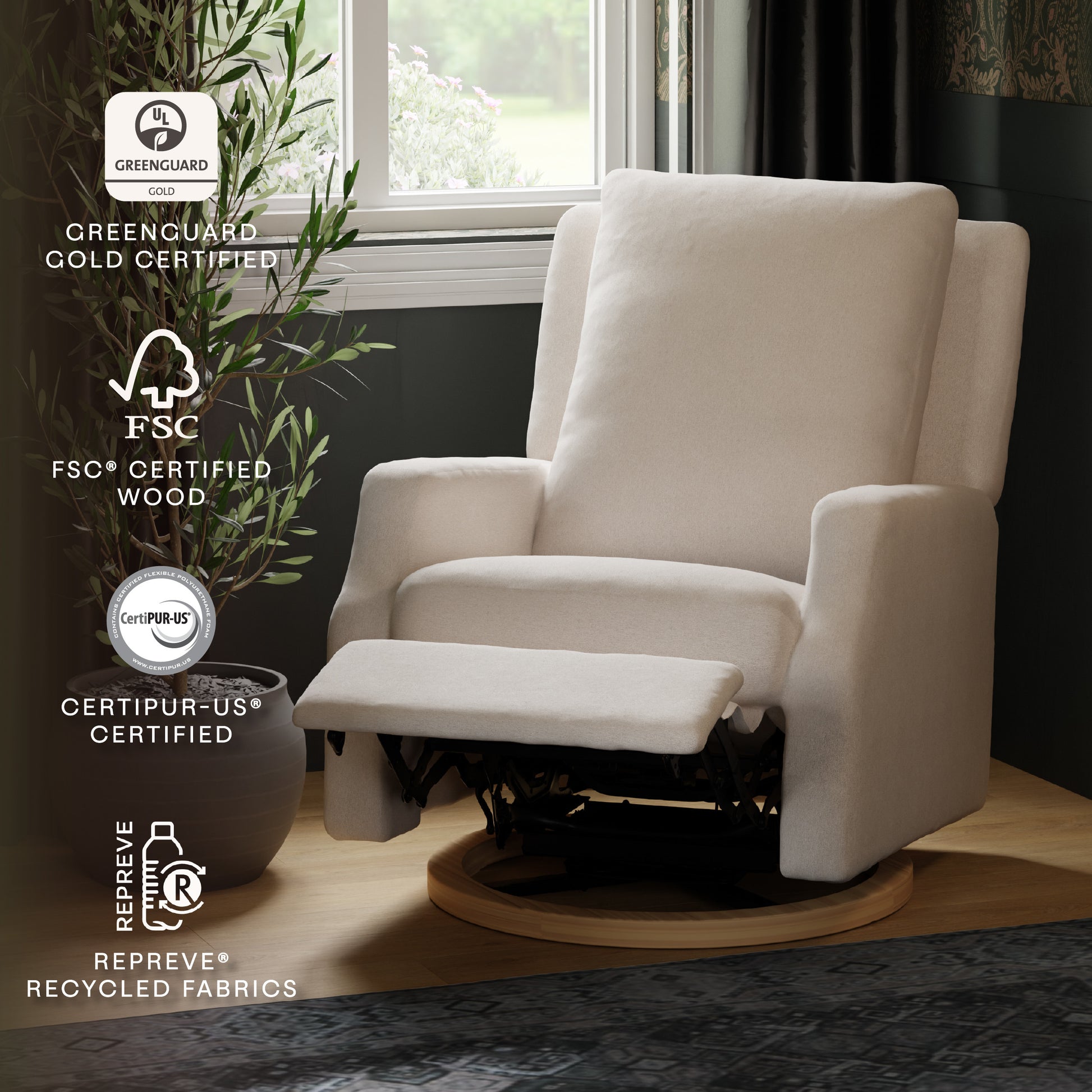 M22286PCMEWLB,Namesake,Crewe Electronic Swivel Glider Recliner in Performance Cream Eco-Weave w/Light Wood Base
