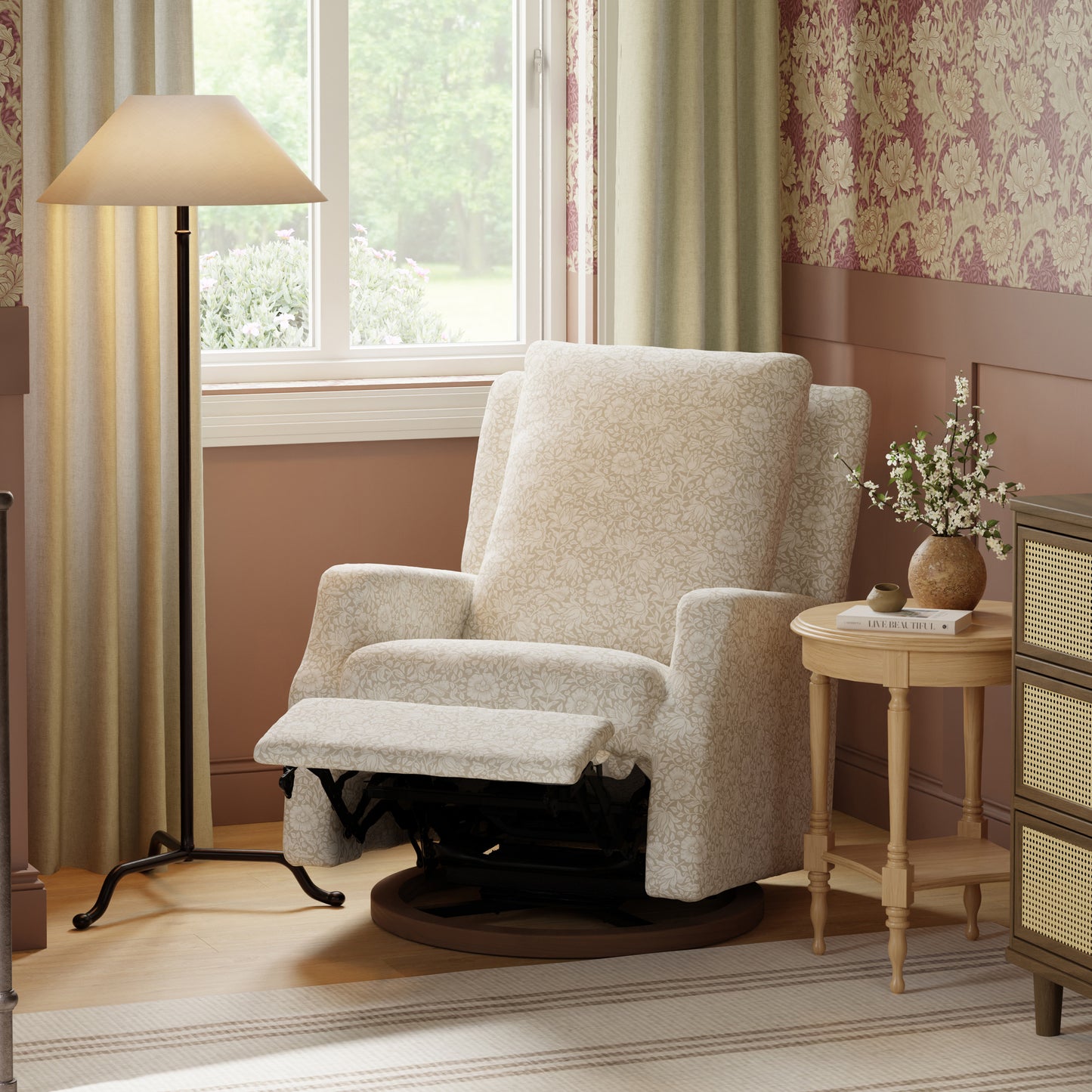 M22287MADB,Namesake,Crewe Recliner and Swivel Glider in Mallow in Ash w/Dark Wood Base