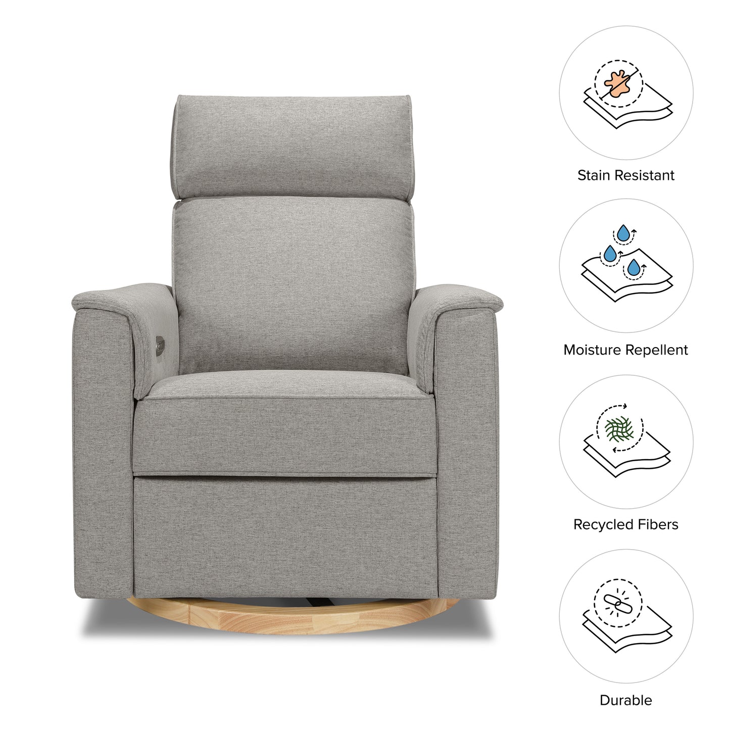 B17186PGEWLB,Monogram by Namesake,Willa Plus Power Glider Recliner w/ Power Headrest in Performance Grey Eco-Weave w/Light Wood Base