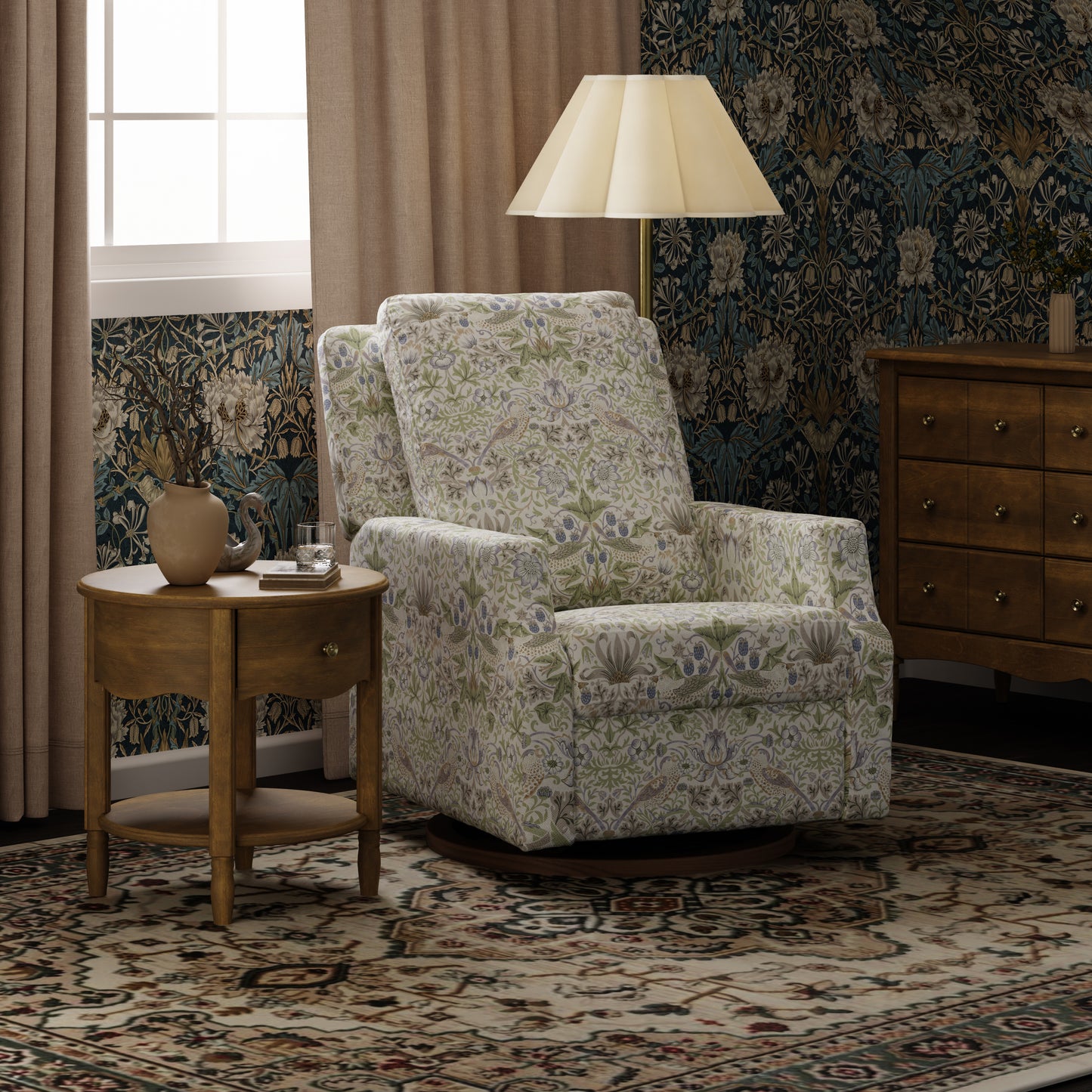 M22287TTFTDB,Namesake,Crewe Recliner and Swivel Glider in Strawberry Thief in Fig &Thyme w/Dark Wood Base