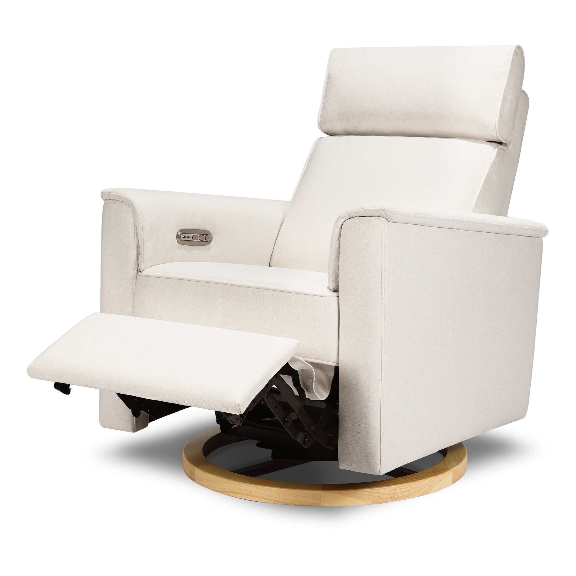 B17186PCMEWLB,Monogram by Namesake,Willa Plus Power Glider Recliner w/ Power Headrest in Performance Cream Eco-Weave w/Light Wood base