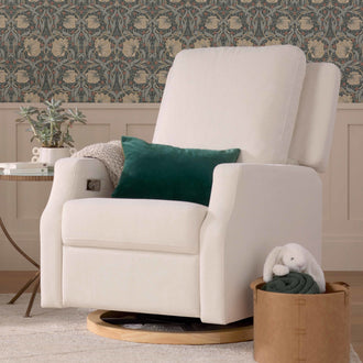 M22286PCMEWLB,Namesake,Crewe Electronic Swivel Glider Recliner in Performance Cream Eco-Weave w/Light Wood Base