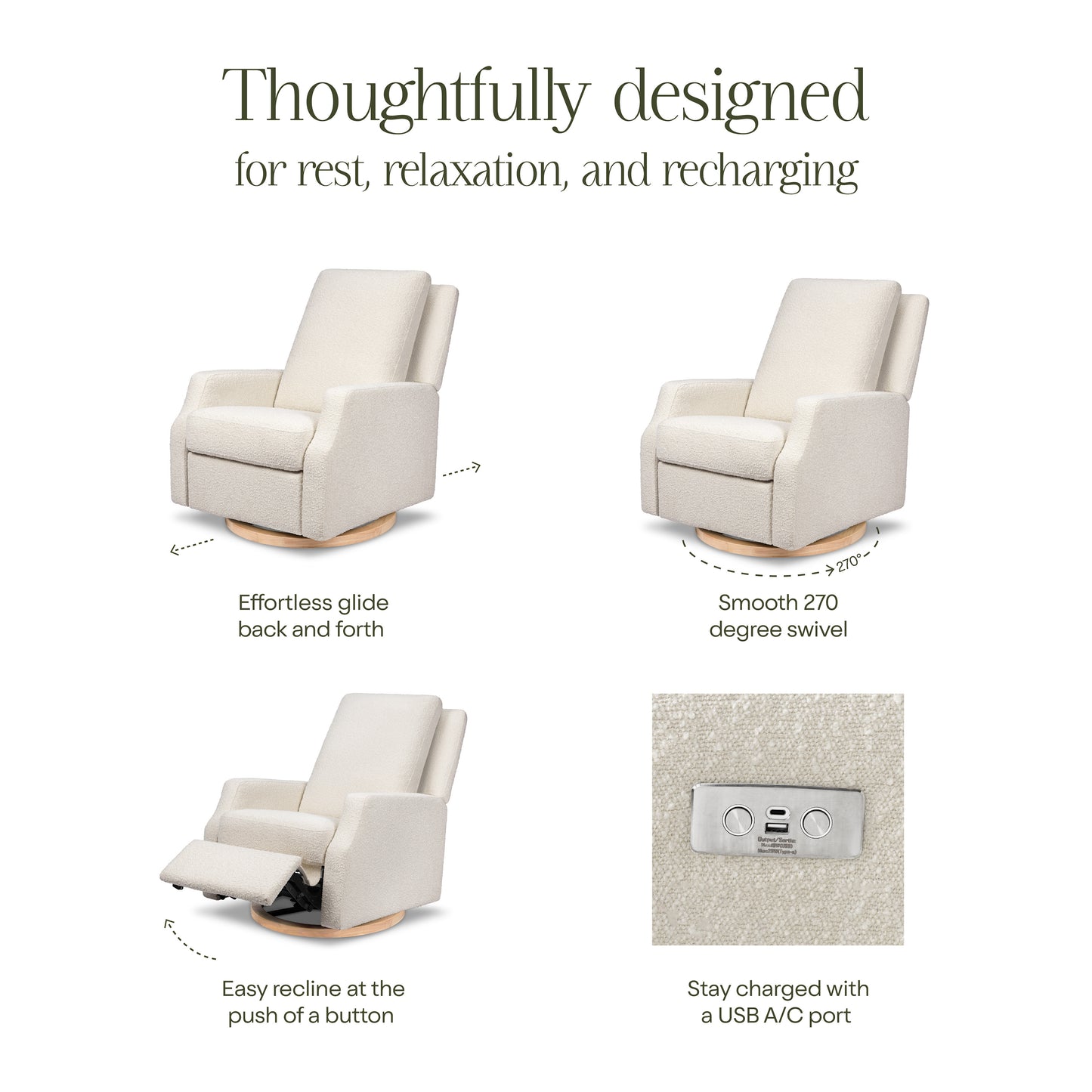 M22286WBLB,Namesake,Crewe Electronic Swivel Glider Recliner in Ivory Boucle w/Light Wood Base