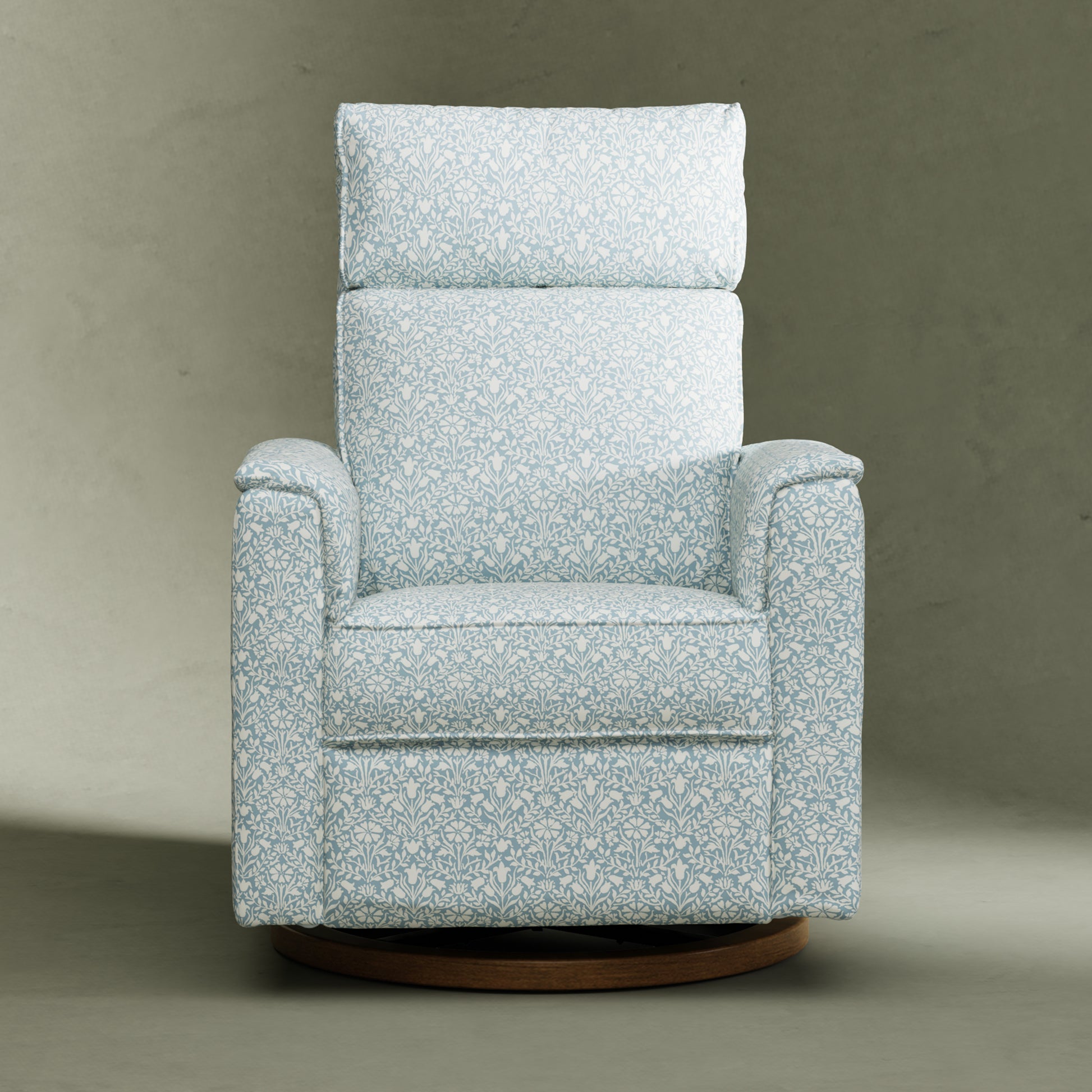 M17186BPBDB,Namesake,Willa Plus Power Glider Recliner w/ Power Headrest in Bellflowers in Powdered Blue w/ Dark Wood Base