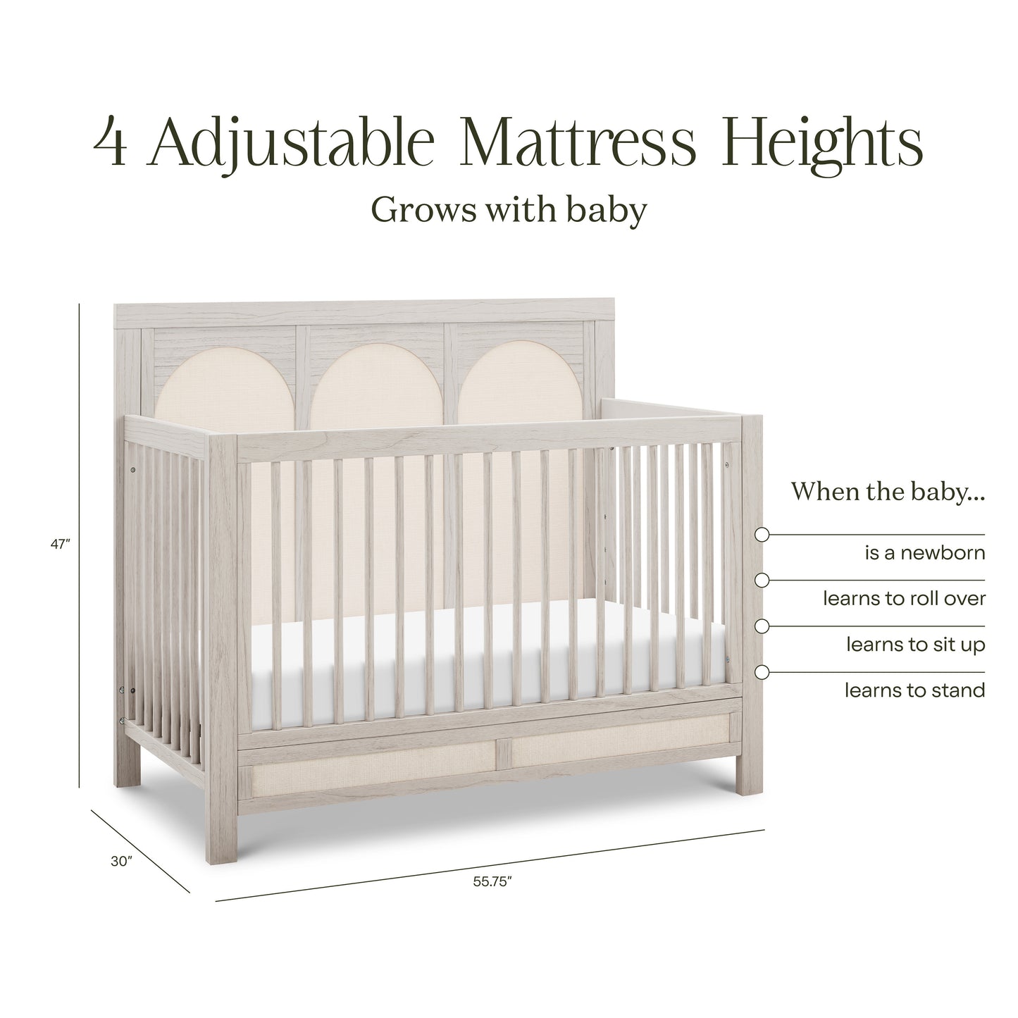 M24801WDFPEW,Namesake,Eloise 4-in-1 Convertible Crib in White Driftwood and Performance Pearl Eco-Weave