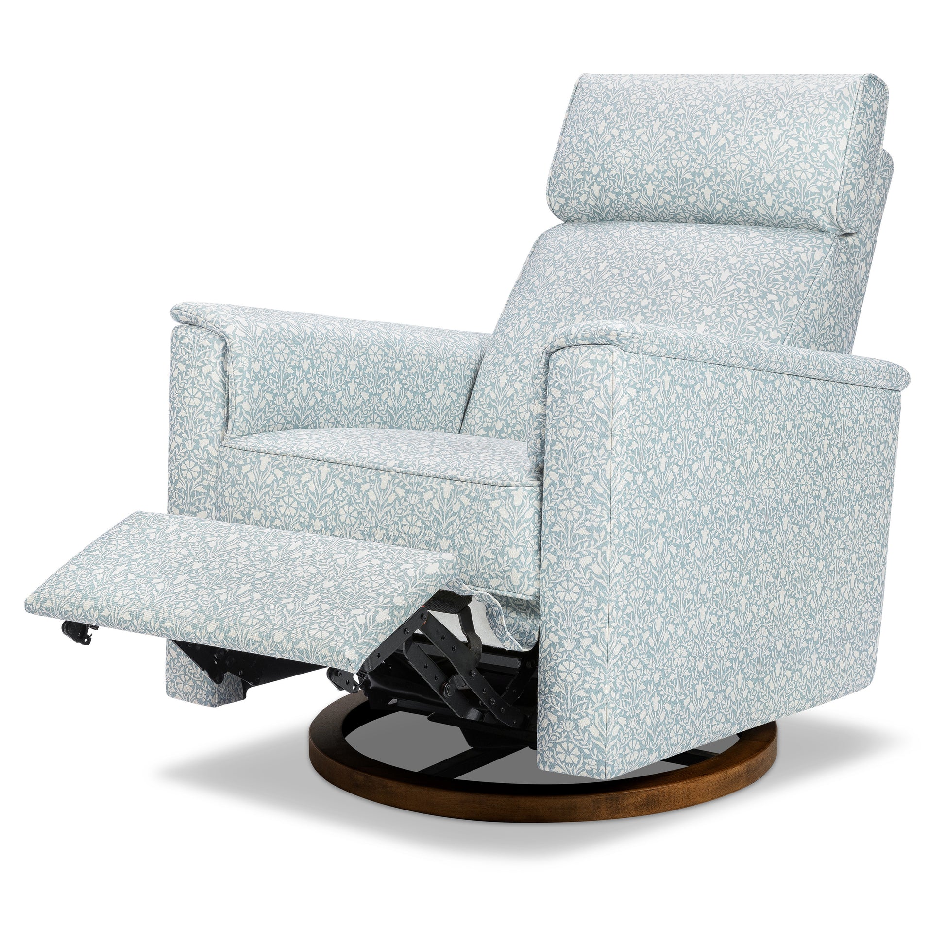 M17186BPBDB,Namesake,Willa Plus Power Glider Recliner w/ Power Headrest in Bellflowers in Powdered Blue w/ Dark Wood Base