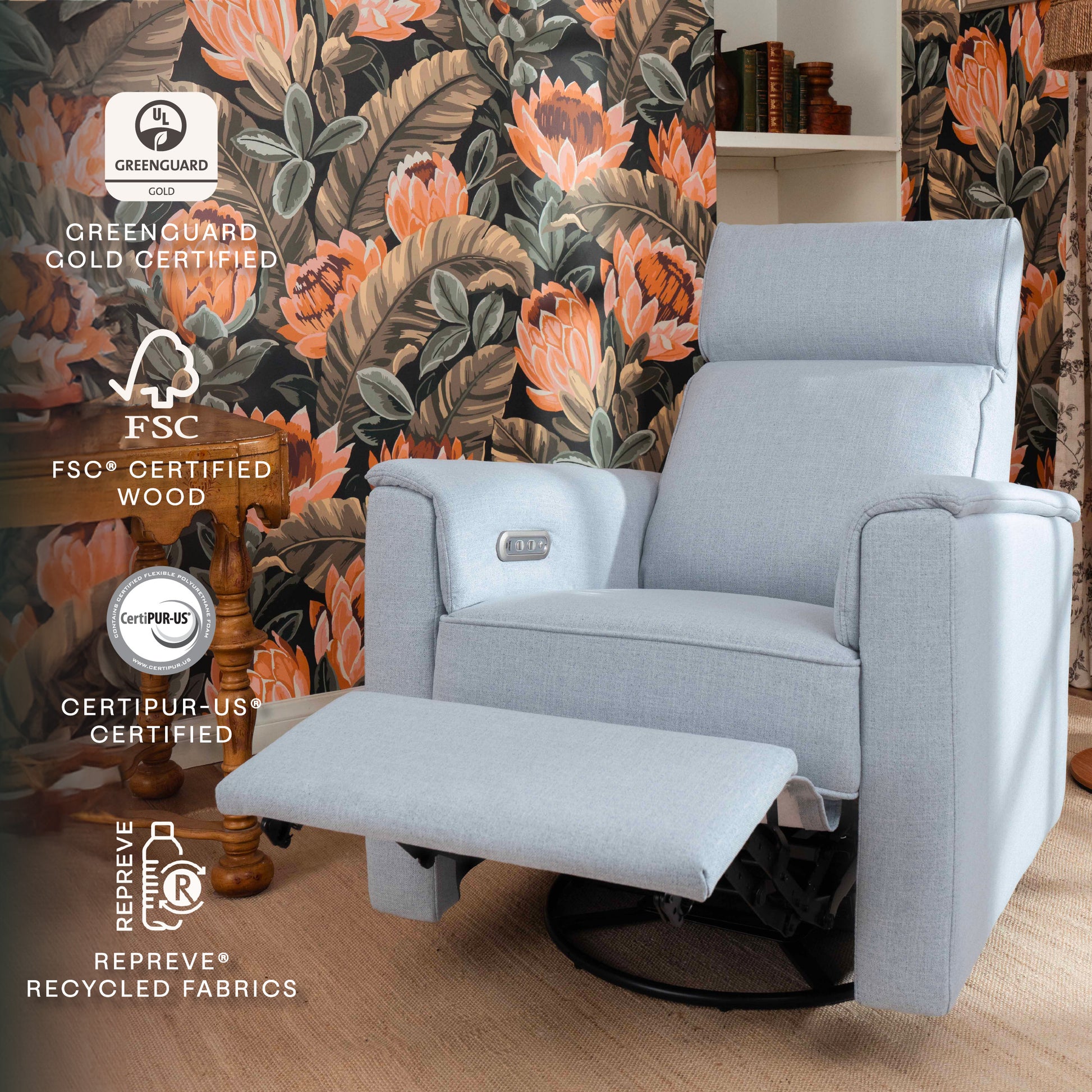 M17186PCET,Namesake,Willa Plus Power Glider Recliner w/ Power Headrest in Performance Blue Chambray Eco-Twill